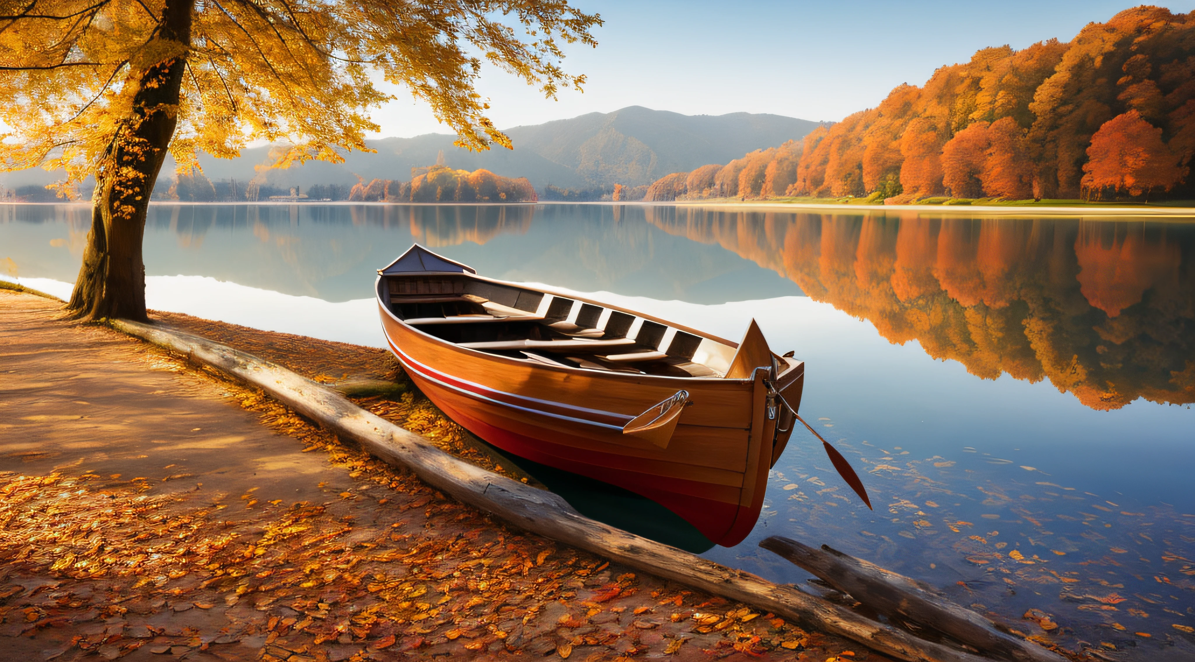 there is a boat that is sitting on the shore of the lake, autumn tranquility, wooden boat, beautiful serene landscape, beautiful lake, rowing boat, dramatic autumn landscape, tranquil scene, beautiful lake background, lake, ship on lake, on the calm lake, romantic landscape, beautiful dreamy landscape, shore of the lake, autumn background, peaceful landscape, beautiful landscape