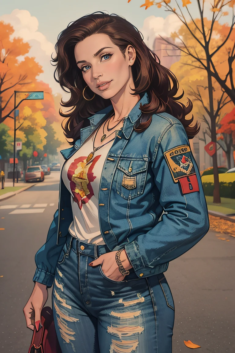 1girl, solo, long hair, looking at viewer, blue eyes, brown hair, shirt, jewelry, jacket, white shirt, open clothes, pants, necklace, nail polish, open jacket, lips, black jacket, head tilt, tattoo, denim, blue jacket, red nails, hand in pocket, jeans, print shirt, denim jacket,background: central park in autumn, trees and leaves falling