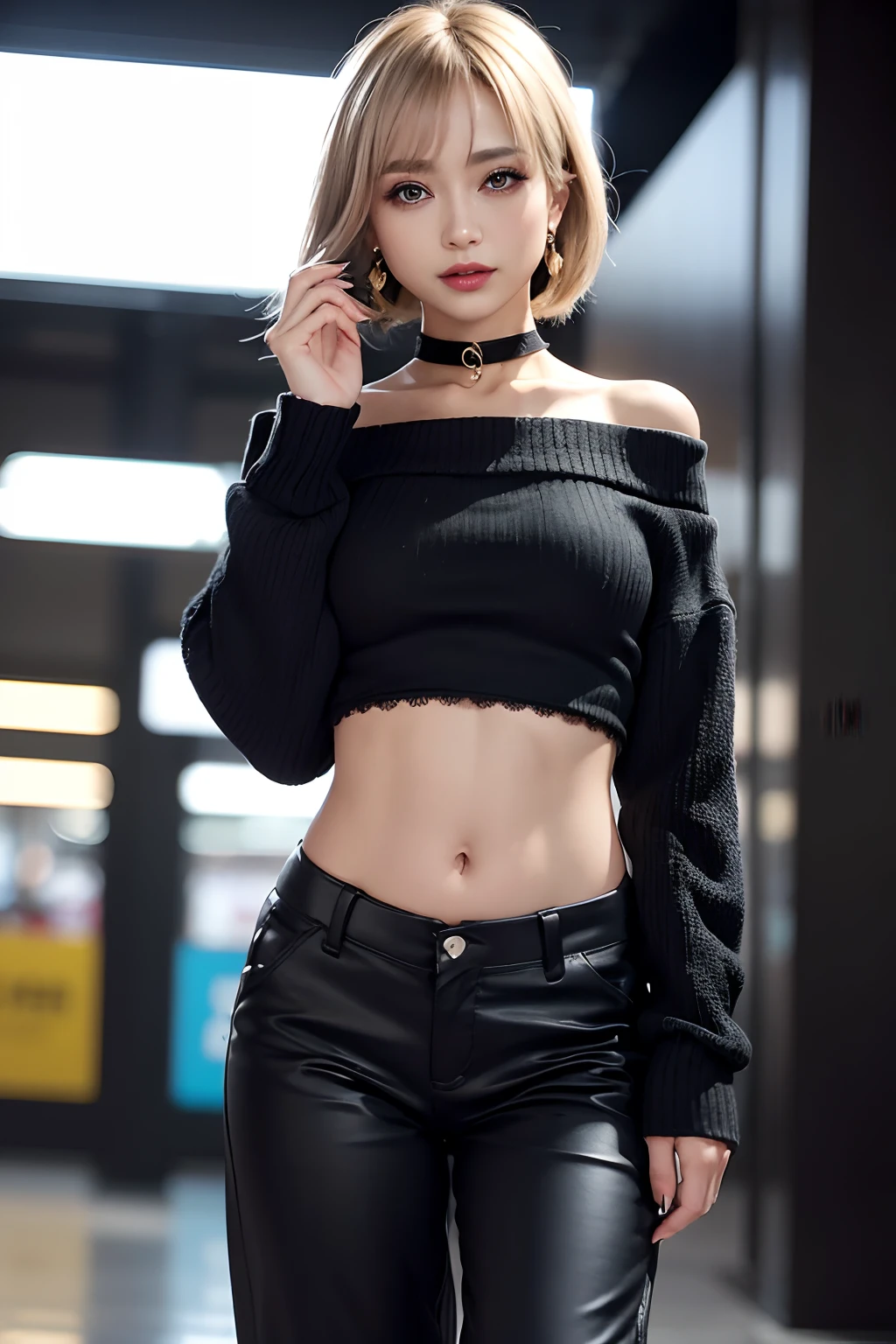 Masterpiece, 32K UHD, award-winning photos, extremely detailed, amazing, fine detail, ridiculous, the most beautiful and sexy Japanese girl, highly detailed, smiling girl, short hair, gold hair,glowing blue eyes,
BREAK (black theme:1.4), (black sweater:1.4), (long-sleeve:1.3), ((off shoulder, navel, stomach):1.3),
BREAK (black theme:1.3), ((black oversized pants, black baggy pants):1.3), (black choker:1.2), (earrings:1.2), (lace-up boots:1.1), extremely detailed eyes and face, glare eyes, Drooping eyes, Sneer Natural makeup, cleavage showing,at a shopping mall, highly detailed background, photography 4 Kodak Portra 400 camera F1. 6 colorful lenses, ultra-realistic textures, dramatic lighting IrrealEngine ArtStation Cinestill 800 tungsten light on trends, perfect masterpiece, best quality, best resolution Best quality, masterpiece, ultra high res, (photorealistic:1.4), raw photo, 1girl,
