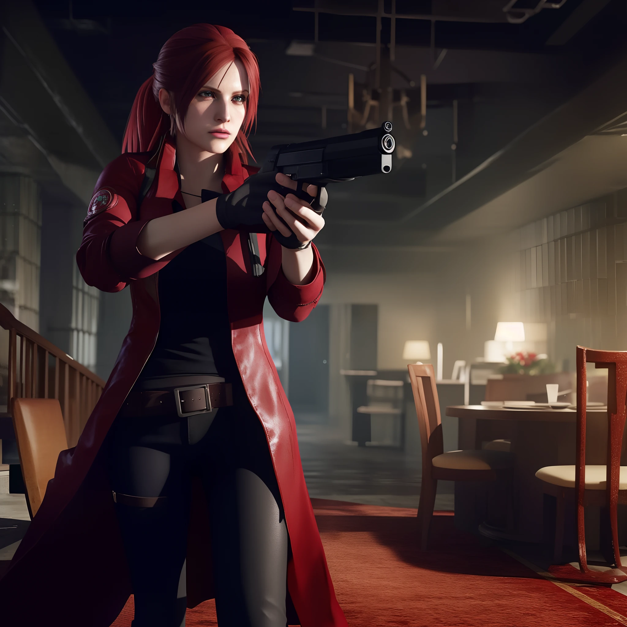 4K, HD, ((Claire Redfield 40 years old)), beautiful face, looking at viewer, very long red hair, perfect Face, black jeans, red long coat with black t-shirt, red nail polish, friendly face, Glare, holding a gun