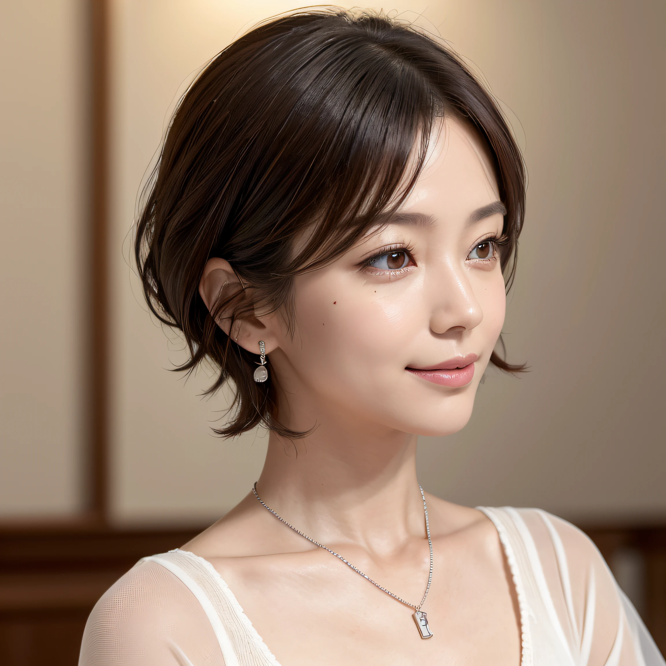 top-quality, masterpiece, 8k wallpaper, Photorealsitic, Frontal photo of a beautiful Japanese woman, Colossal tits, Open Shirt, cleavage, short-hair, straight haired, Hairstyle with ears out, A detailed face, A detailed eye, ((See the viewer's eyes)), Both arms are lowered