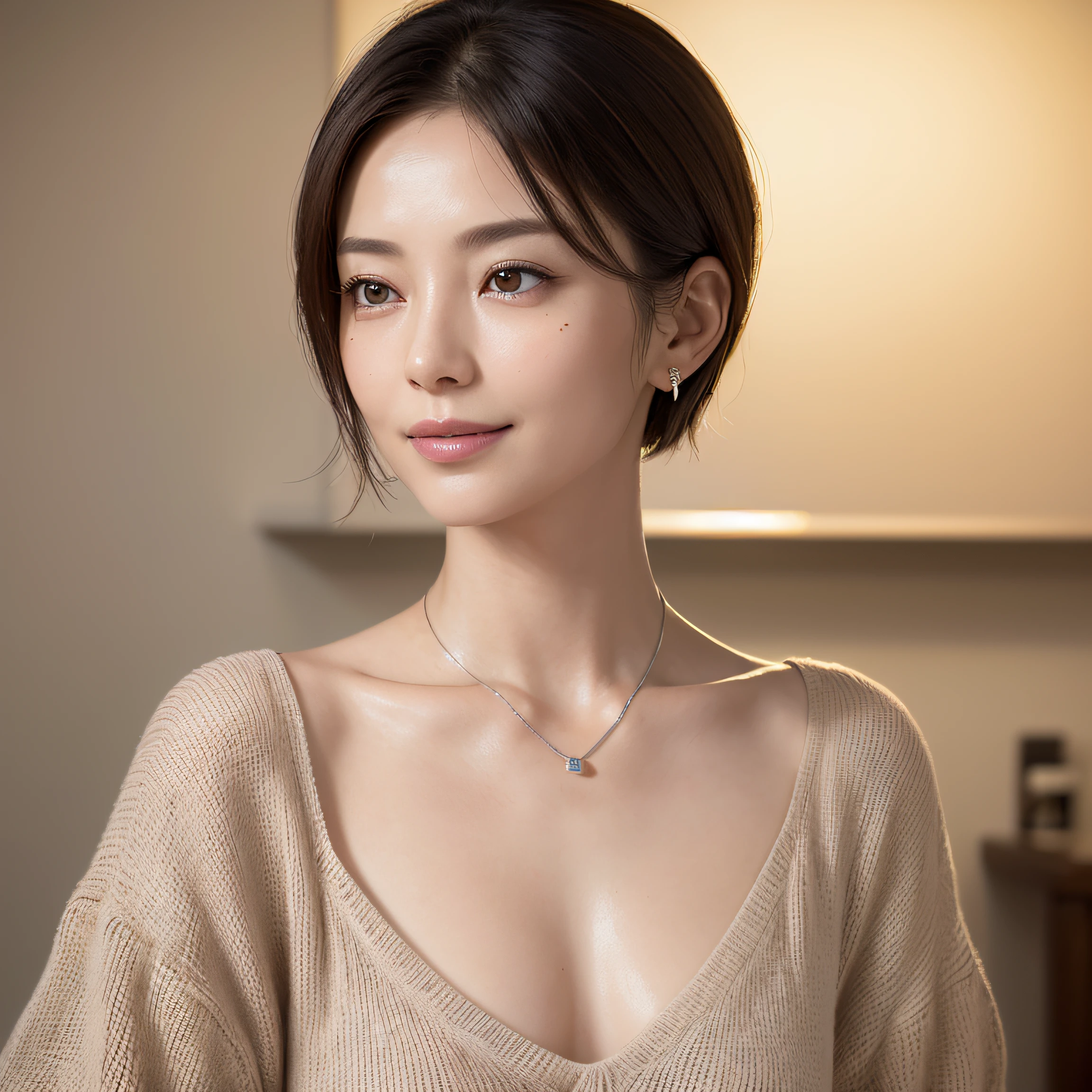 (8K, top-quality, ​masterpiece:1.3, 超A high resolution, A hyper-realistic), High Detail, (Face like the real thing), Photorealsitic, Raw foto, ((one beautiful women)), Detailed face, beautidful eyes, realisticeyes, Eyes in Beautiful Details, (real looking skin), Beautiful skins, enticing, depth of fields, hight resolution, High pixel count, ((Sideways face, Looking away, Don't look your audience in the eye, Don't look at the camera)), fashionable cafe, The background is also in the picture, clear details, sharp photo, Natural color reproduction, Noise Reduction, High fidelity, Small pendant in silver color, A small necklace in silver color, (Wine-colored light knit U-neck shirt, Neat and clean clothing, Clothing that makes it difficult to see the chest, Clothing that makes it difficult to see the chest, Clothes with hidden boobs), small tits, Sexy lips, Ears are visible, a smile, kindly smile, Beautiful skins, enticing, the golden ratio, (Detal Face:1.2), profetional lighting, Lighting the face, best light, japanes, A Japanese Lady, Japan Mature Woman, a matural female, Short Bob Hair, ((sixty years old, Beautiful, Wrinkles on the face, Wrinkles at the corners of the eyes, Nasolabial fold wrinkles, Small wrinkles, Beautiful, Beautiful Aunt, Moderate moles, Small mole on the face))