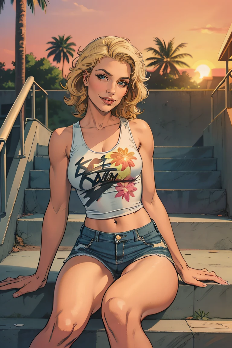 seductive 30 year old woman with short wavy blonde hair, hazel eyes, small breasts, model body, wearing a white tank top with a colorful print, hazel Bermuda shorts, posing sitting on a staircase with graffiti, upper body, concrete staircase background with graffiti in a skate park,palm trees,deep on field,dutch angle,afternoon light,evening,sunset,los angles