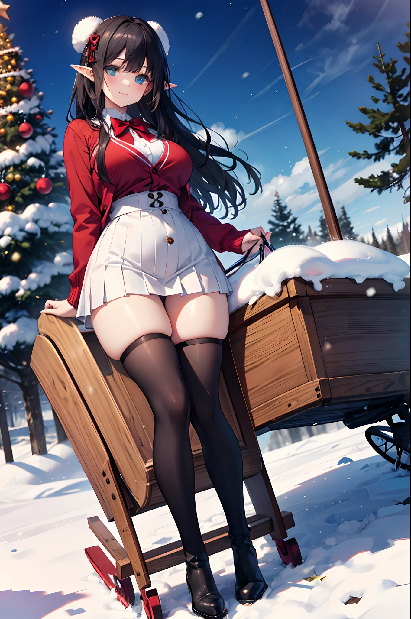 Realistic and detailed image of an elf. She is wearing a Cardigan coat and a red Christmas t-shirt. Christmas pleated mini skirt. Christmas thigh-high boots. Long silky black hair and long eyelashes. Turquoise eyes. Red bow tie. Large breasts, slim waist, very wide hips and thick thighs. Smiling. Arched back. Sensually posing on a sled. Snowy day. North Pole. Front view. Volumetric light. Ambient light.