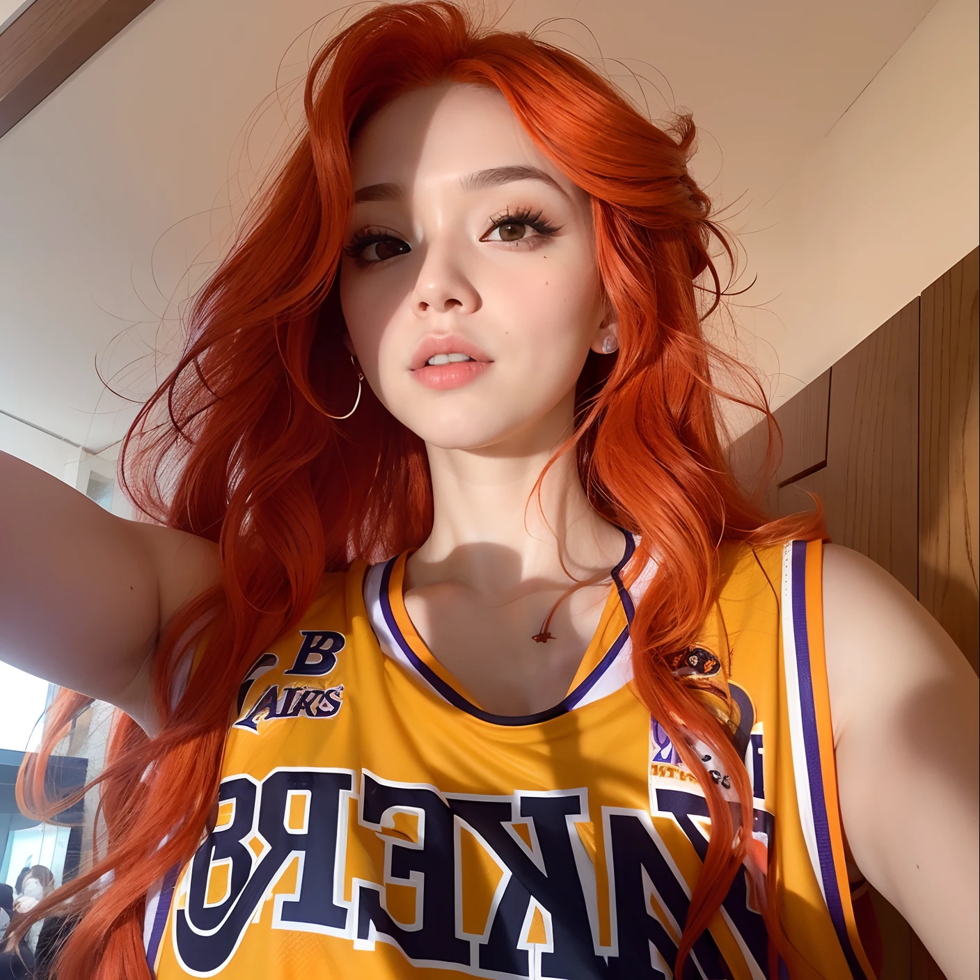 a close up of a woman with red hair wearing a lakers jersey, she has long vibrant orange hair, she has long redorange hair, leaked image, wearing nba jersey, wearing basketball jersey, orange skin and long fiery hair, long hair, looking at the camera