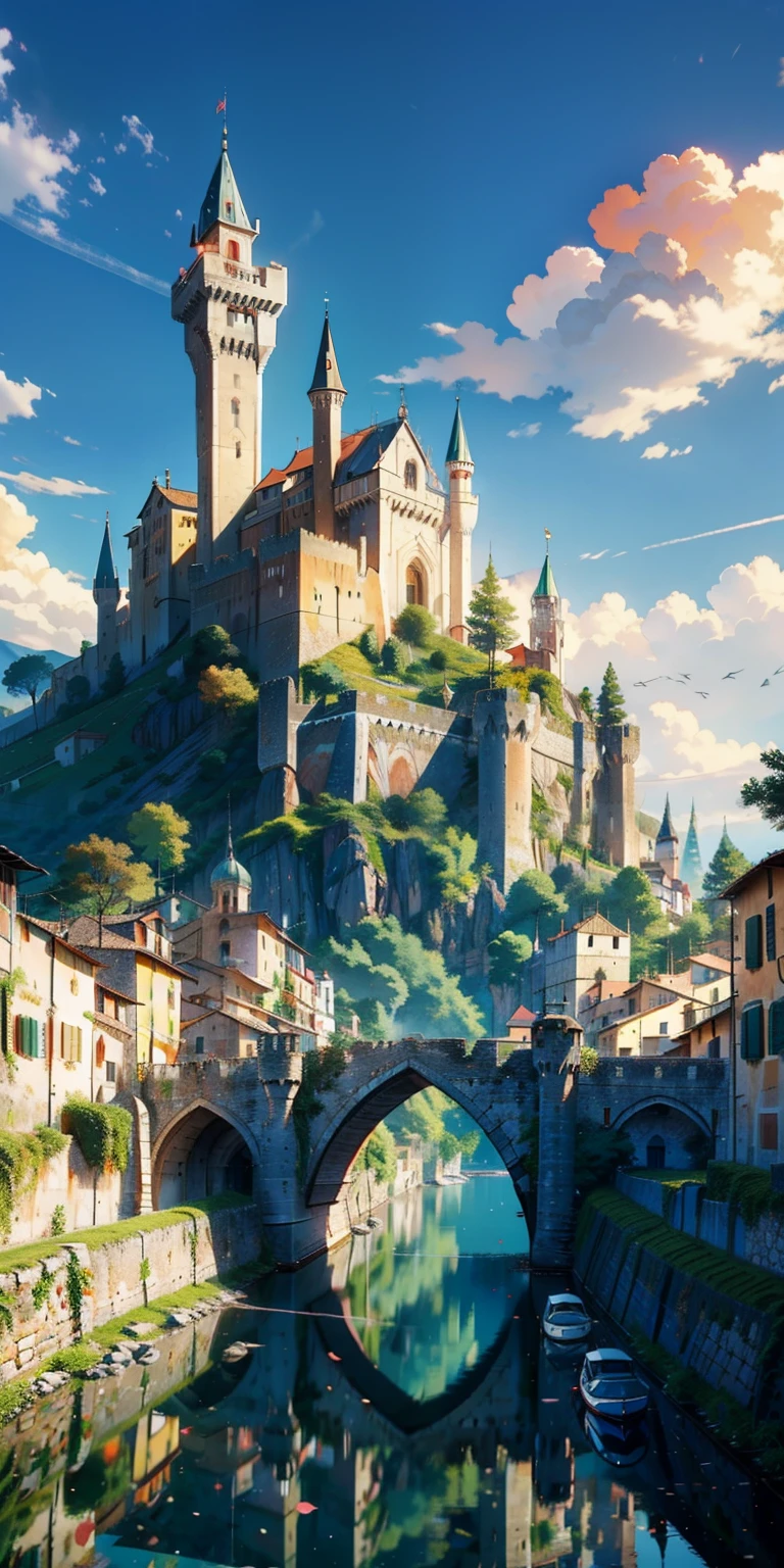 Castles and towns in medieval Italy、Retro depiction、The sunset is beautiful
