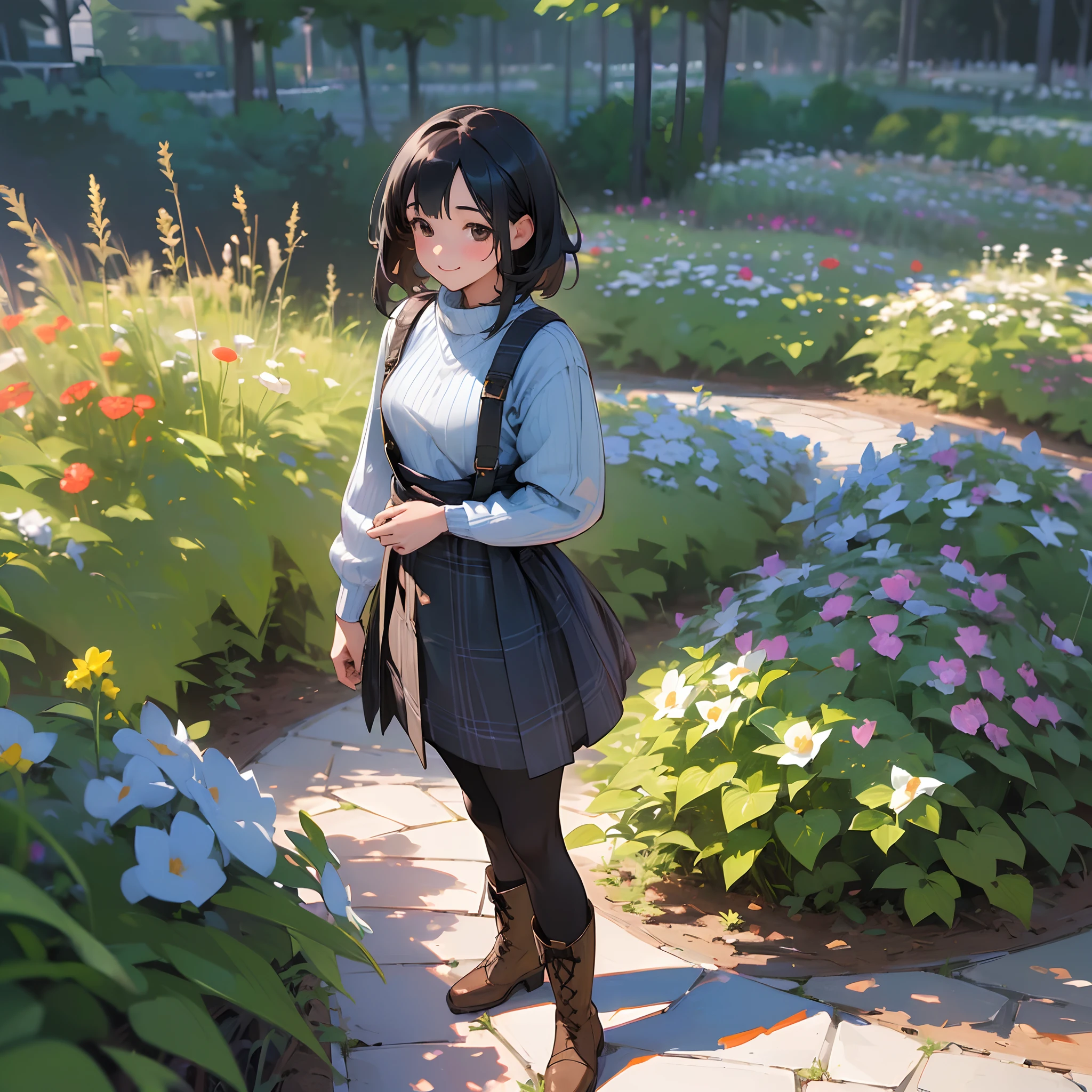 (High quality, High resolution, Ultra-detailed, Realistic:1.37), peaceful ambiance, (plein air, garden), Teenage girl standing alone, Beautiful detailed features, Cute smile, (Black bob hair), Rib Sweater, blue plaid skirt, Black tights, Brown boots.