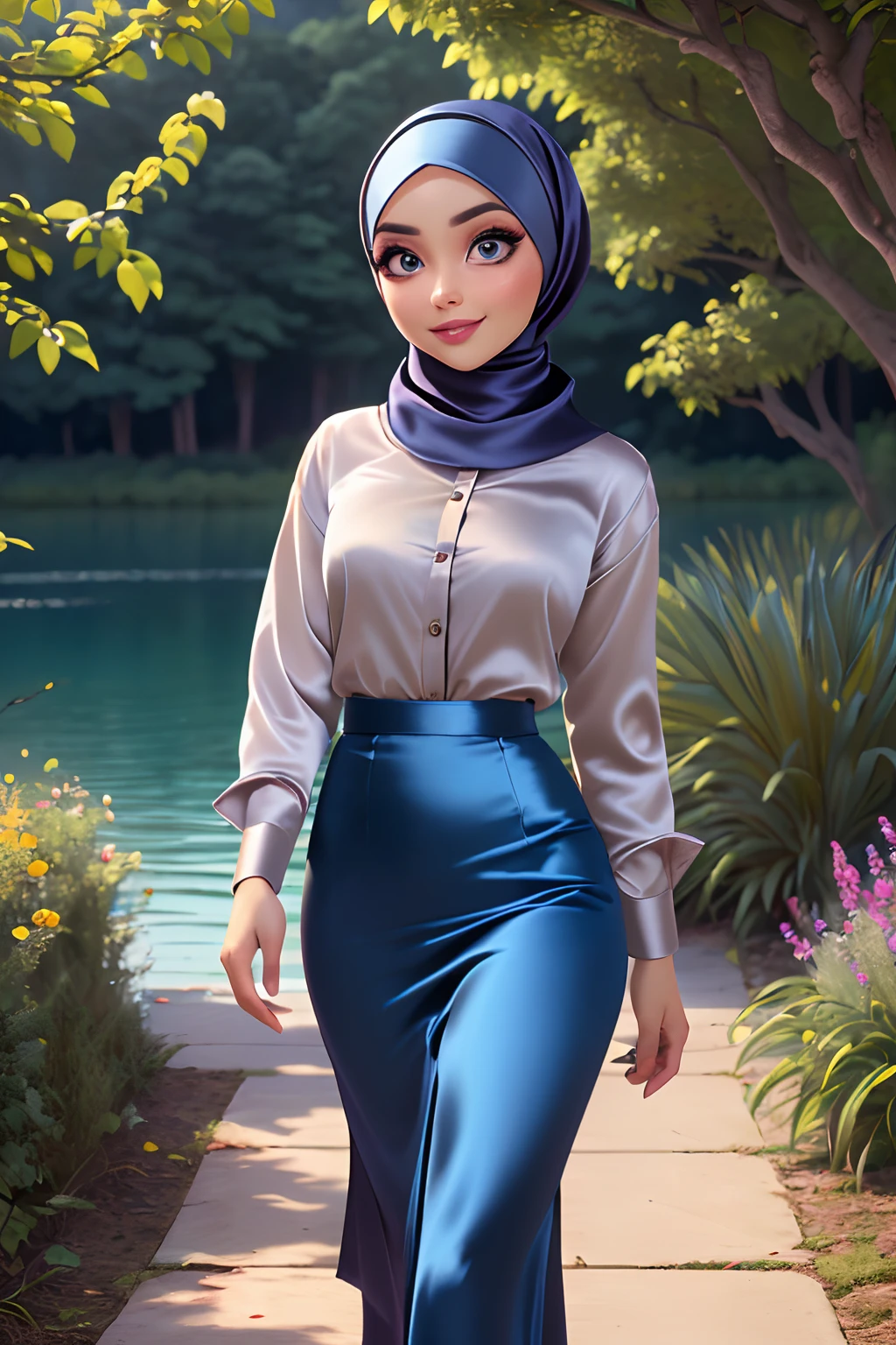 (Masterpiece, best quality) detailed, character sheet, ((a woman, beautifully makeup, eyeshadow, beautiful big eyes, long eye lashes, wearing (Teal satin hijab), ((gray satin shirt)), satin long maxi skirt)), photography, detailed skin, realistic, photo-realistic, 8k, highly detailed, full length frame, High detail RAW color art, diffused soft lighting, shallow depth of field, sharp focus, hyperrealism, cinematic lighting, extremely detailed artgerm, style artgerm, full of details.