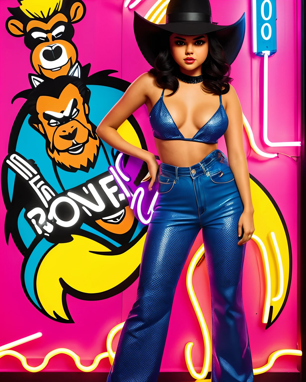 there is a woman, Selena Gomez, posing in front of a poster with a monkey on it, frank kozik, with neon lights, angry high moral ???? werewolf, by Ignacio Zuloaga, burlesque psychobilly, ???? look, bold rave outfit, neon noir, maniac look, inspired by Tadanori Yokoo, alex yanes, by Matteo Pérez