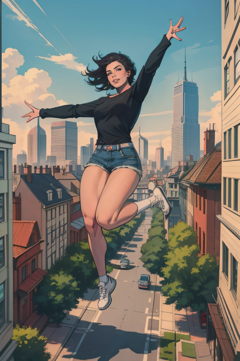 masterpiece,highres,best quality,1girl,solo,falling,cityscape,building,full body,long sleeves,shorts,shoes,outdoors,from above,on back,outstretched arms,looking at viewer,