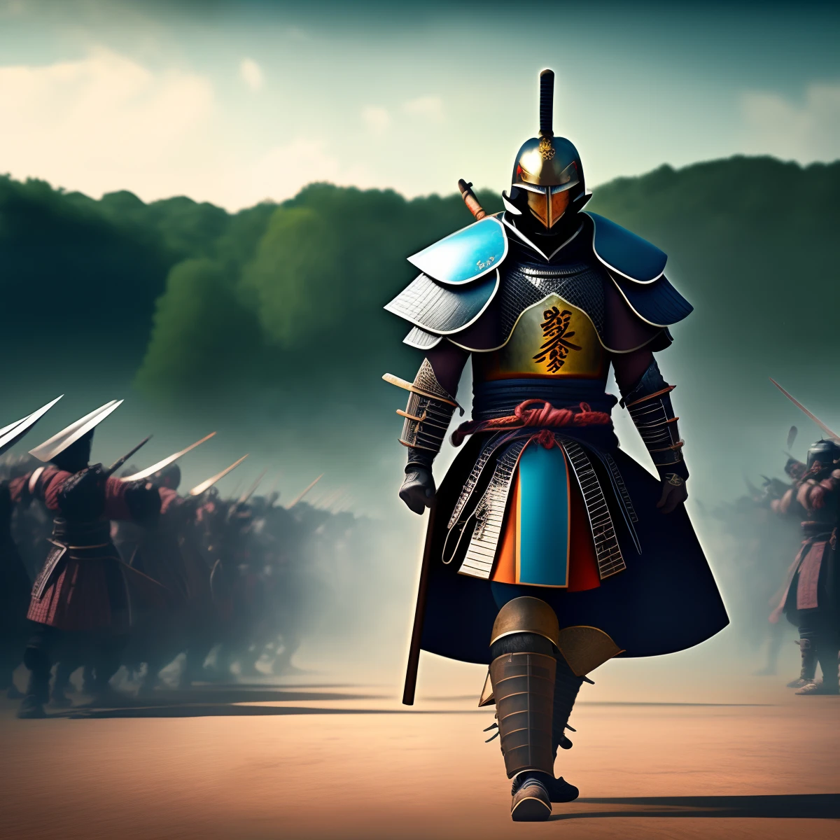 Creat a image of a samurai warrior wearing war armour in front of a batle field, 8k, intrinsic details, ultra realistic