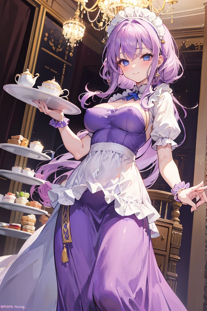 1 girl, light purple hair, curly hair, blue eyes, small eyes, mature face, dropping eyes, big breasts, blurry background, blushed, smile, erect nipples, brown maid uniform, long skirt, antique, chandelier, afternoon tea, glitter, ahoge