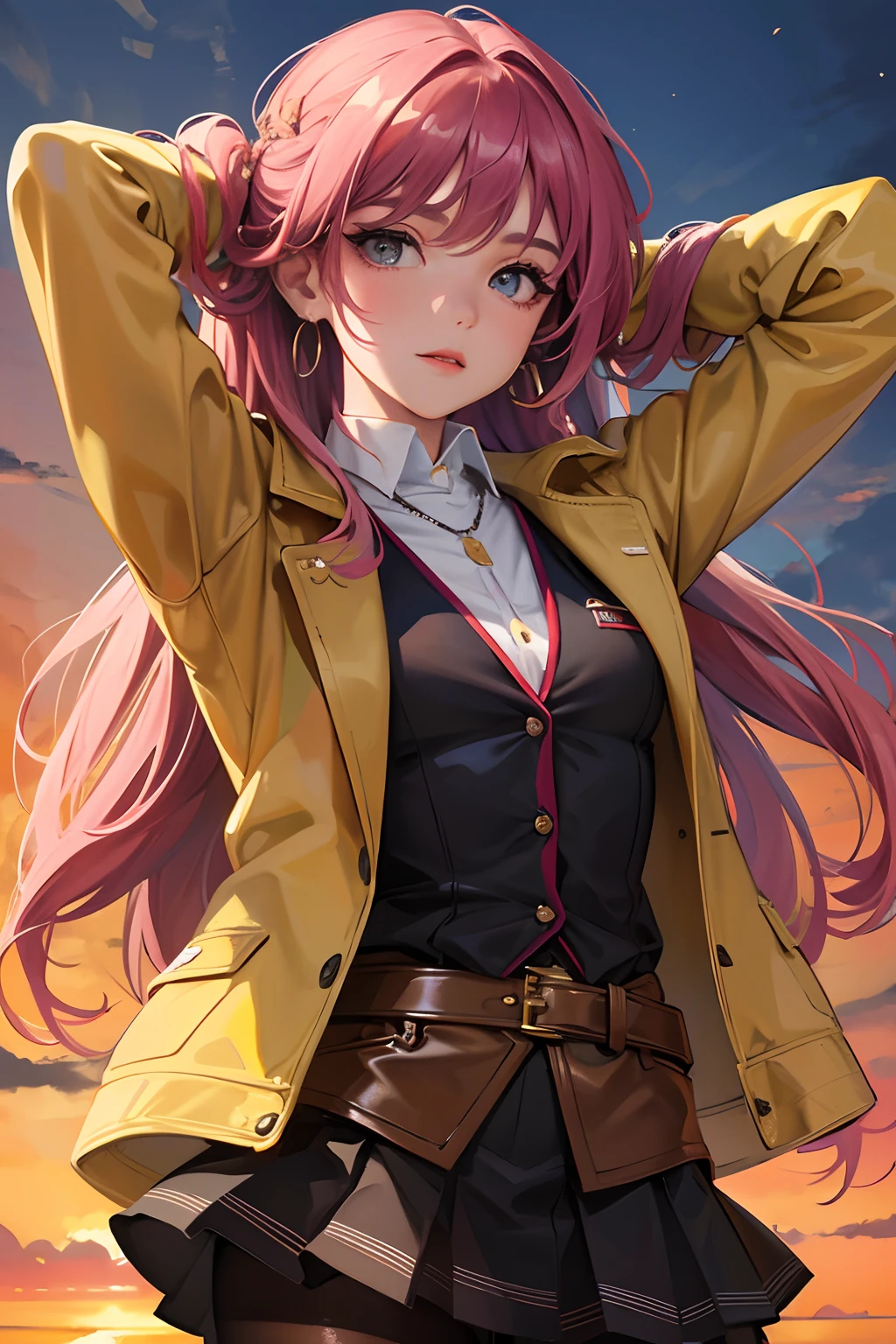 Masterpiece, Best quality, Dusk, Sunset, strong rimlight, Real, Realistic, incredibly_absurderes, sample, Girl, Long hair, alternate hair color, hair between breasts, Wavy hair, view the viewer, Small breasts, Collared shirt , Jacket, Miniskirt, White pantyhose, Earrings, jewelry, necklace, fingerless_mitts, arms behind head,