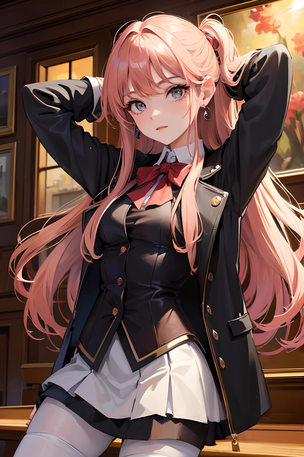 Masterpiece, Best quality, Dusk, Sunset, strong rimlight, Real, Realistic, incredibly_absurderes, sample, Girl, Long hair, alternate hair color, hair between breasts, Wavy hair, view the viewer, Small breasts, Collared shirt , Jacket, Miniskirt, White pantyhose, Earrings, jewelry, necklace, fingerless_mitts, arms behind head,