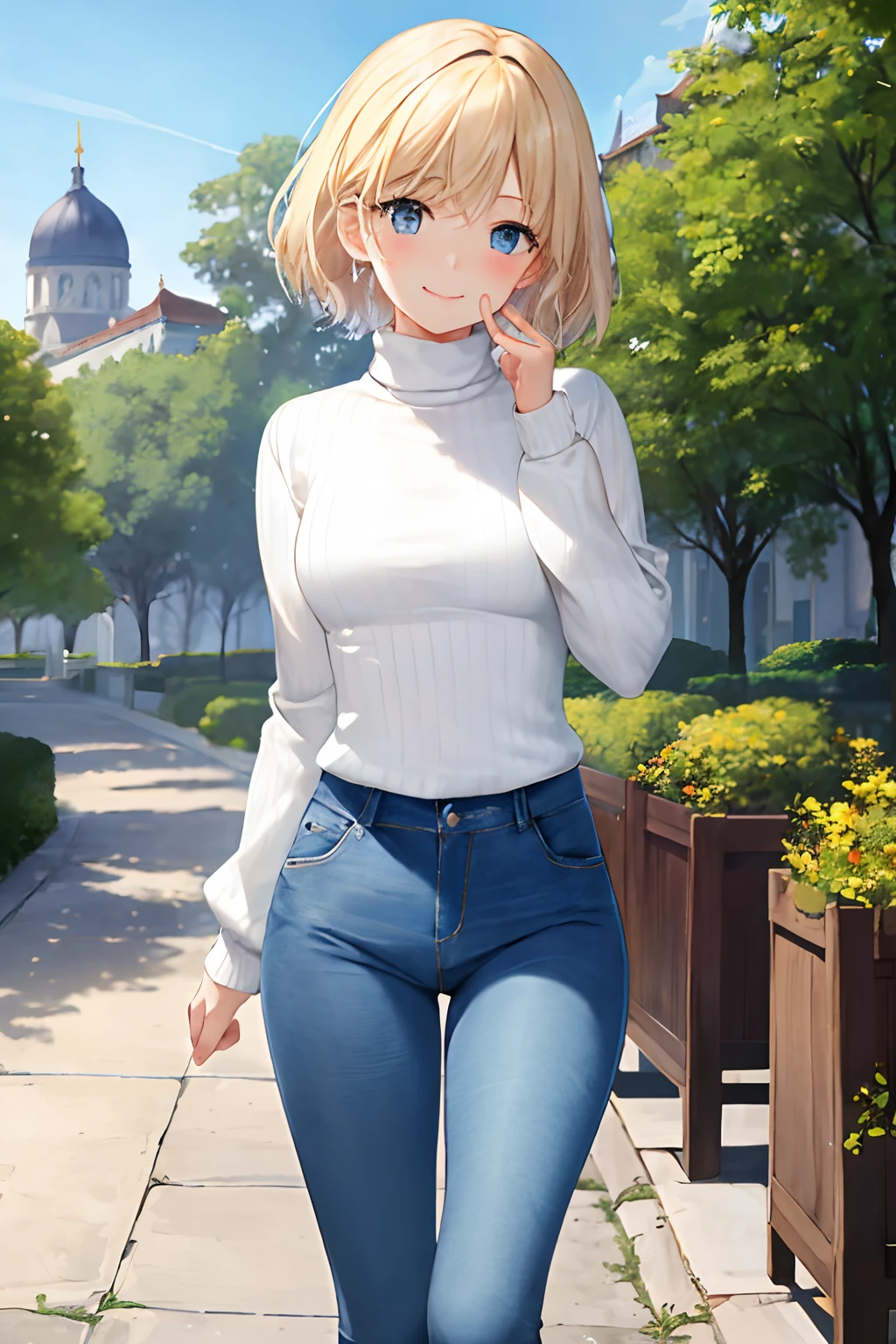 ​masterpiece、top-quality、Ultra detail、beautiful  lighting、femele、Tight jeans、blonde  hair、(White sweater:1.2)、turtle neck、is standing、on the park、beautful view、little blush、a smile、（cute smile face：1、1）、（shiny lip：1.1）、（beautidful eyes：1.1）、amazing background、Hair with mouth closed、short-hair,fullbody image,