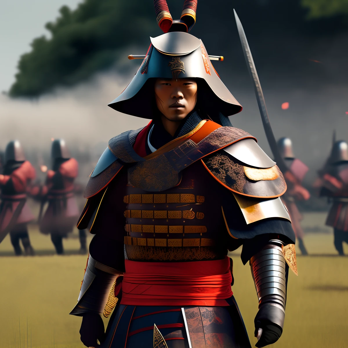 child standing in front of a samurai army, epic, ultra realistic