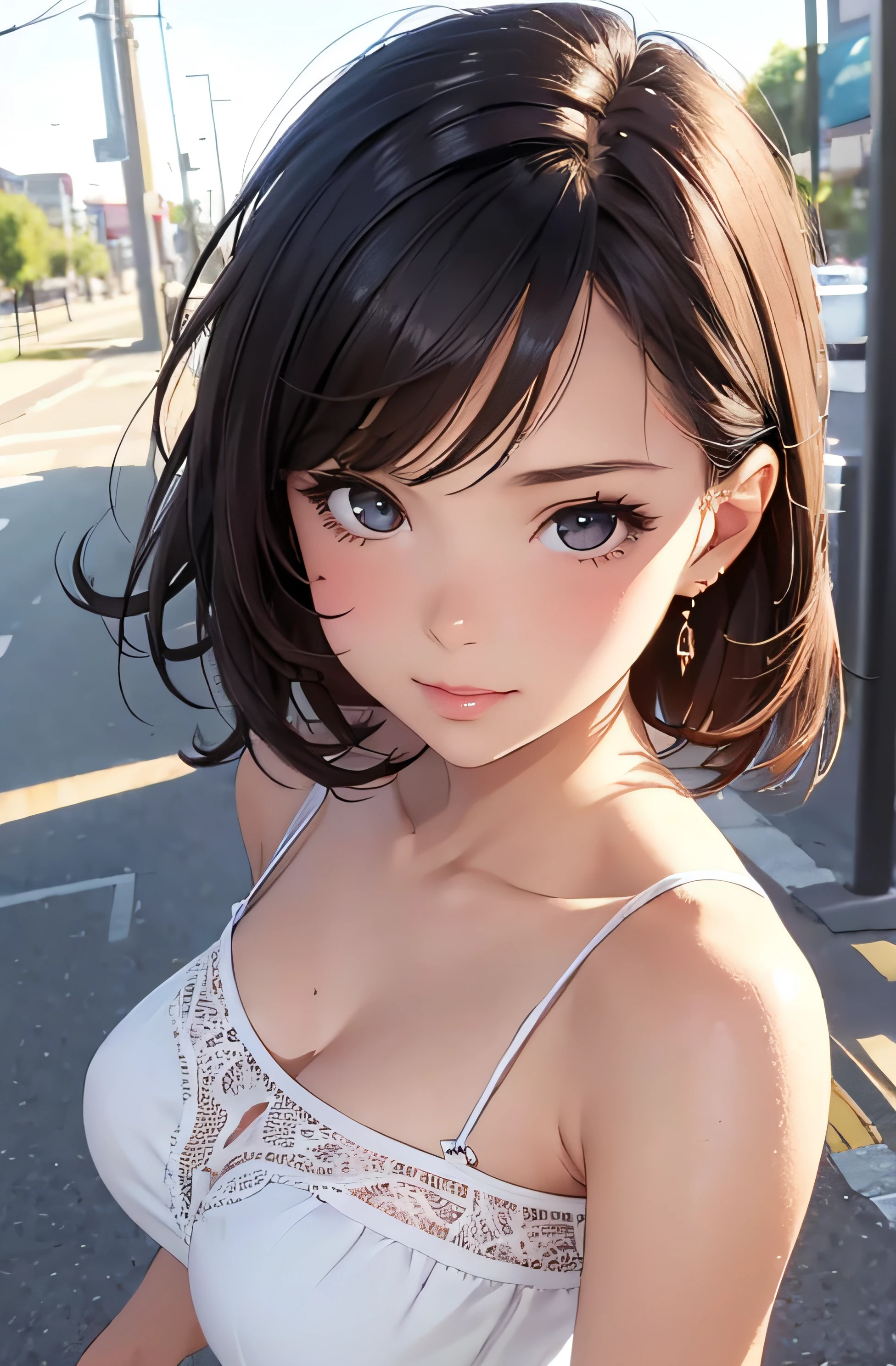 girl in summer clothes, top shot,((selfie)), random background, kiss, beautiful, medium breasts, flirtatious look, ((very detailed)), (perfectly detailed face), (well detailed hand), photorealistic image.