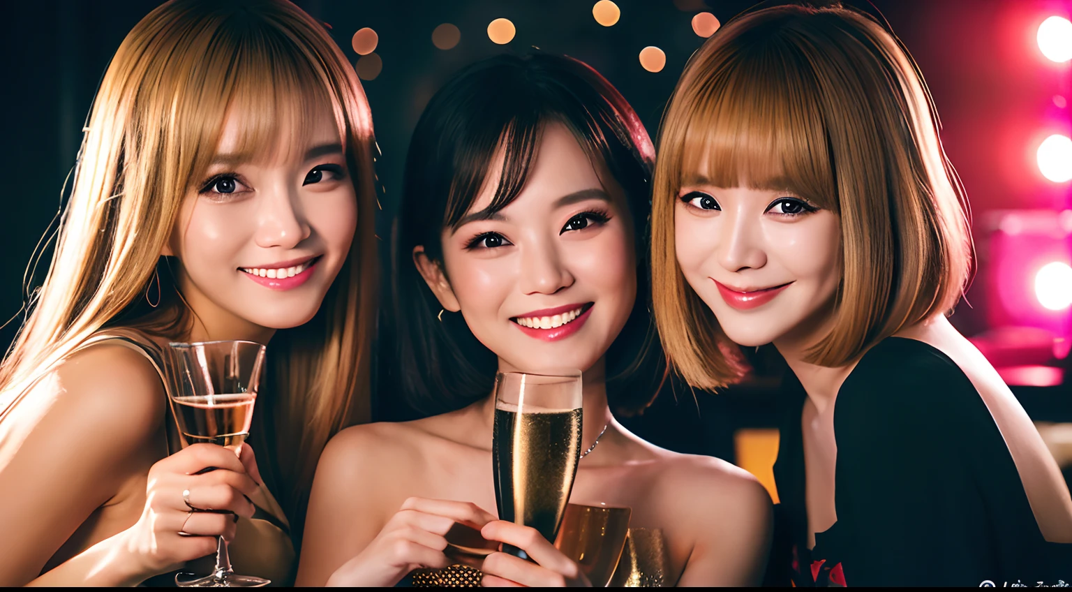 {{masutepiece, Best Quality, realisitic, Unity 8k壁纸, Cinematic lighting}}, Party,Three Women,in her 20s,Spice it up with champagne,doress,A smile,slightly larger eyes,Three-person々s face,cheers,