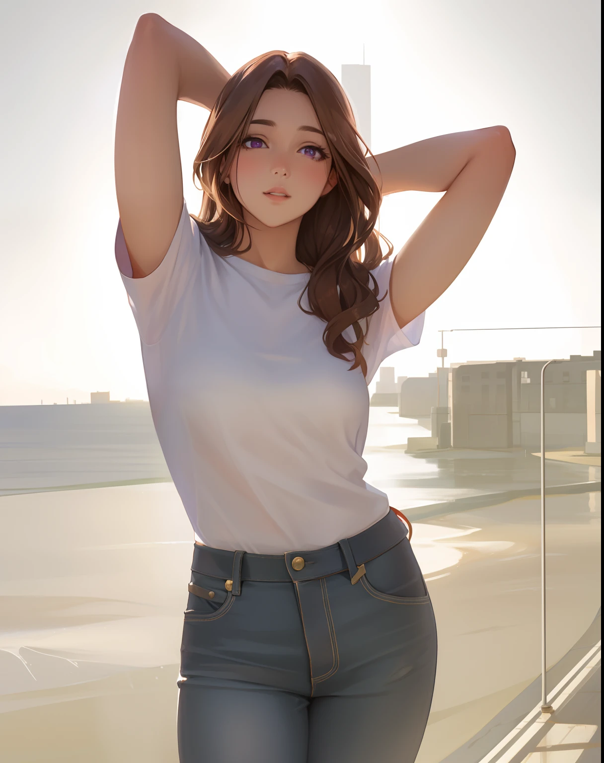 Sexy young girl with a good body, long hair blonde green eyes short white shirt bare shoulders, bright blue short jean shorts, short brown boots with white, standing, front view, front camera, bristly hair
