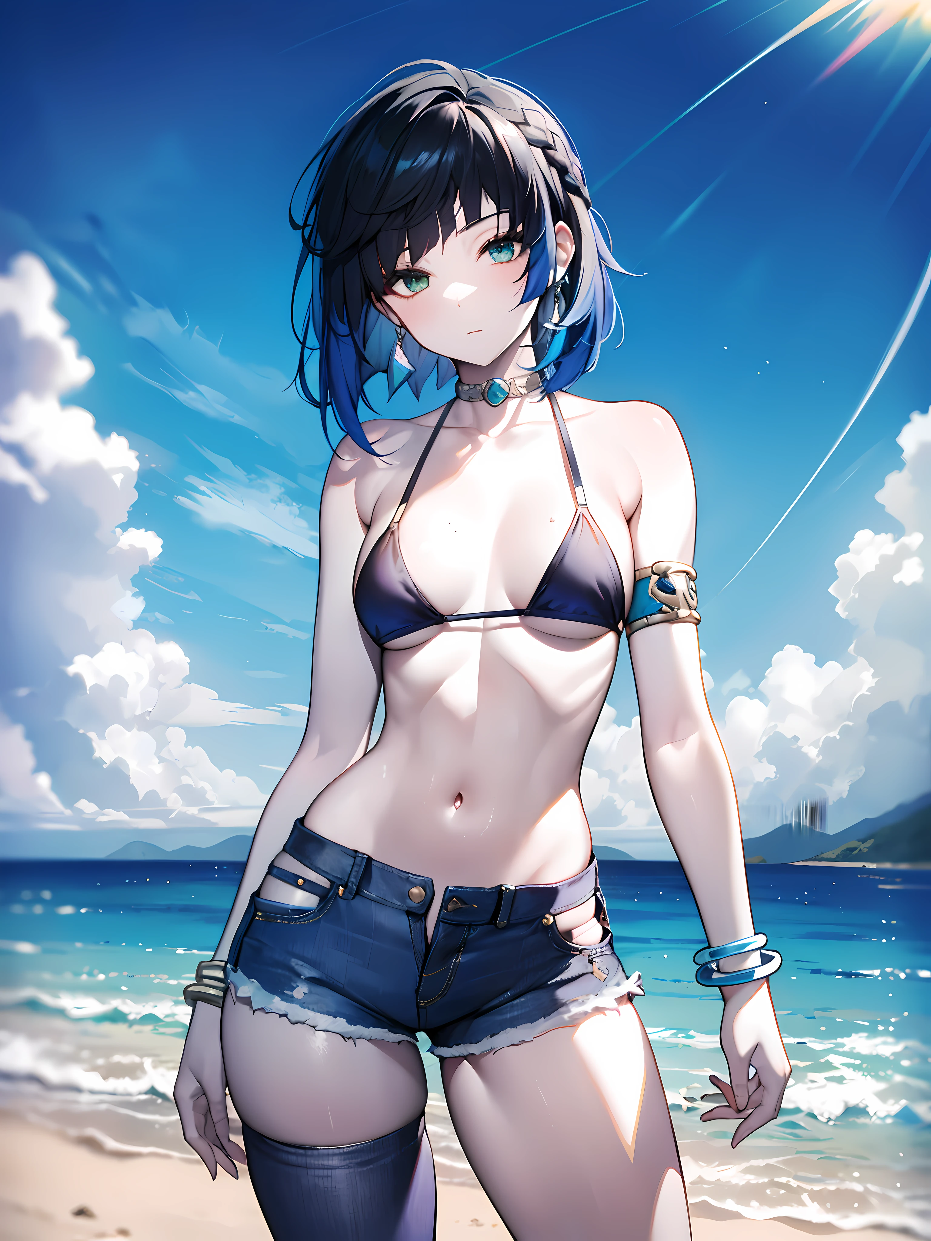 (masterpiece:1.2), (pale skin:1.2), (solo:1.2), (female:1.1), (emphasis lines:1.3), short hair, gradient hair, blue hair, black hair, collarbone, microbikini, (denim shorts:1.2), (armbands:1.3), bracelets, outdoors, bare shoulders, (armlet:1.2), hip bones, navel, green eyes