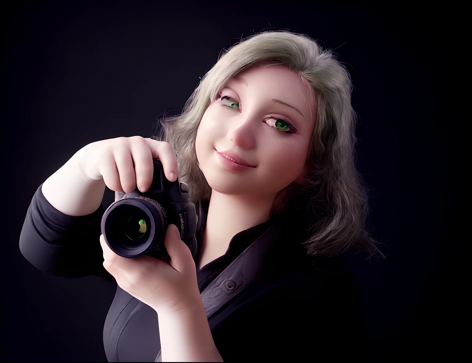 criar imagem mulher branca, olhos verdes, Holding a Canon camera in his hand