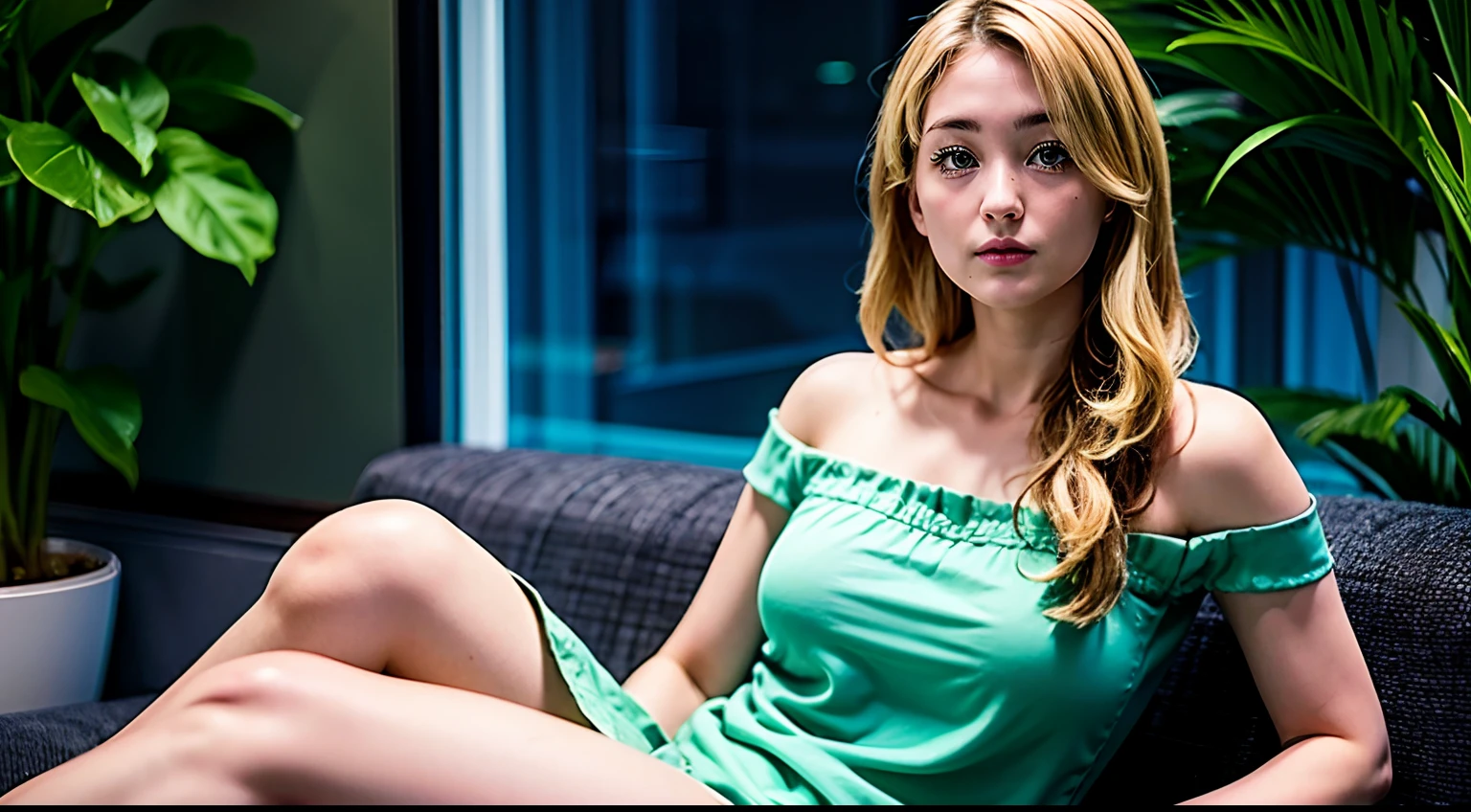 EmmaSano, blonde hair, yellow eyes, long hair, ************, fair complexion, tank top, green shirt, off shoulder dress, detailed face, extremely beautiful face, beauty, exquisite face, Japanese, sofa, sitting