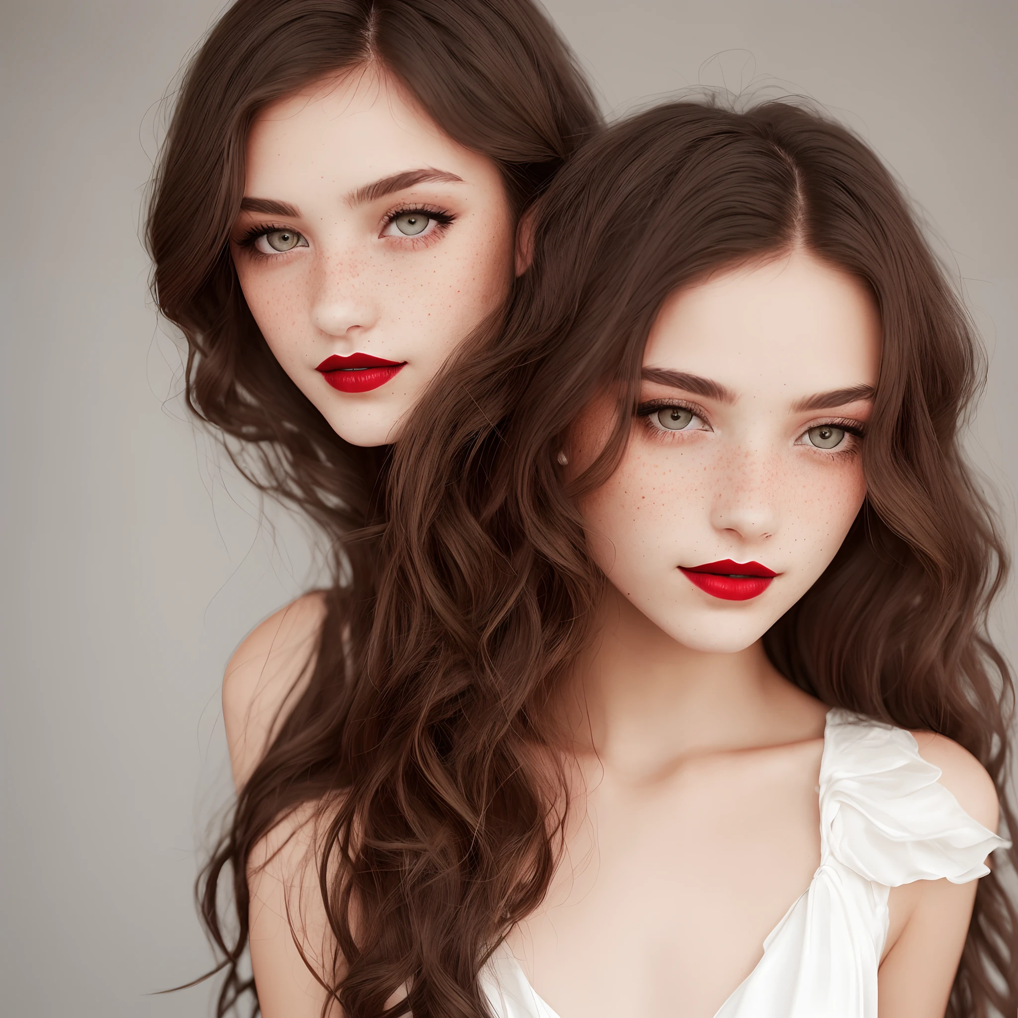 young women with brown and greyish eyes, dark red lips, freckles, a long white flowy dress, long dark brown hair.