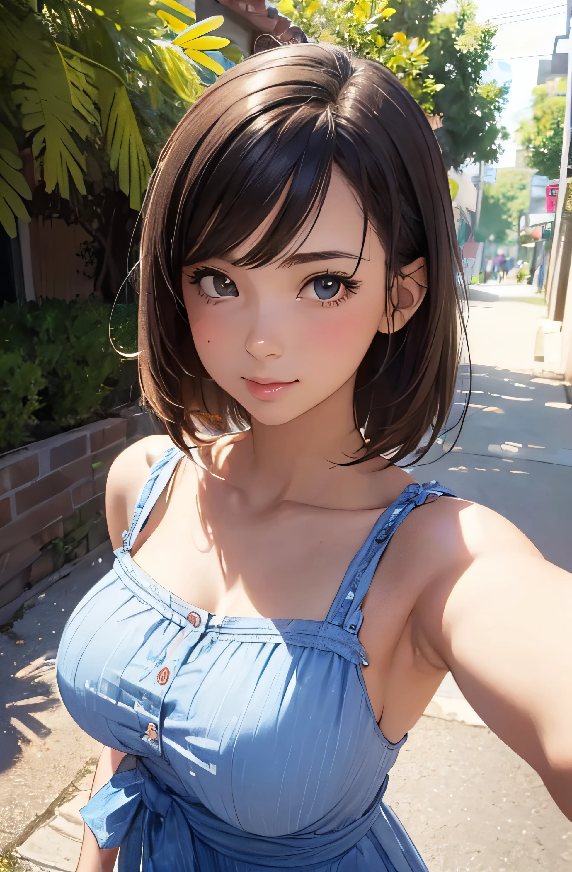 girl in summer clothes, top shot,((selfie)), random background, kiss, beautiful, medium breasts, flirtatious look, ((very detailed)), (perfectly detailed face), (well detailed hand), photorealistic image.