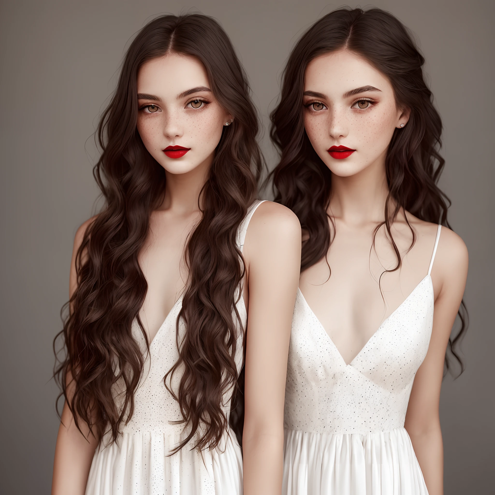 young women with brown and greyish eyes, dark red lips, freckles, a long white flowy dress, long dark brown hair.