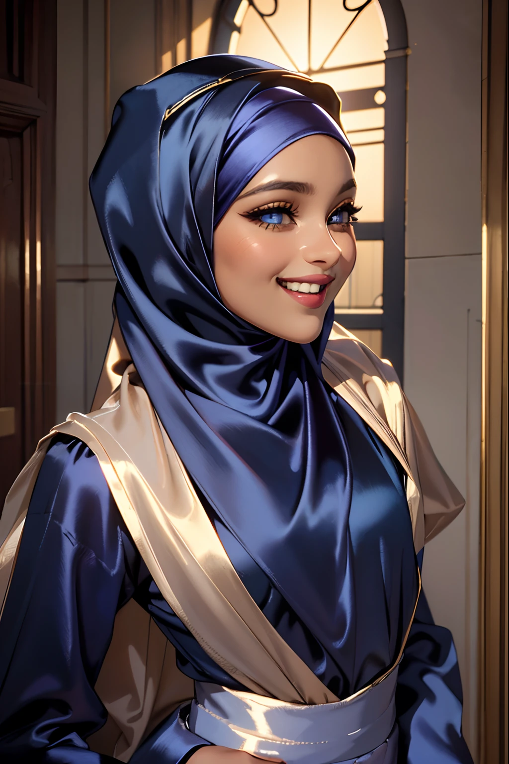 Masterpiece, realistic, best quality, best lighting, 1 girl photo solo, beautifully makeup, eyeshadow, Parted Lips, Detailed Eyes, beautiful big eyes, long eye lashes, smile, wearing ((Dark blue satin headscarf)), loosely tide hijab style, ((Taupe satin shirt)), satin long skirt,