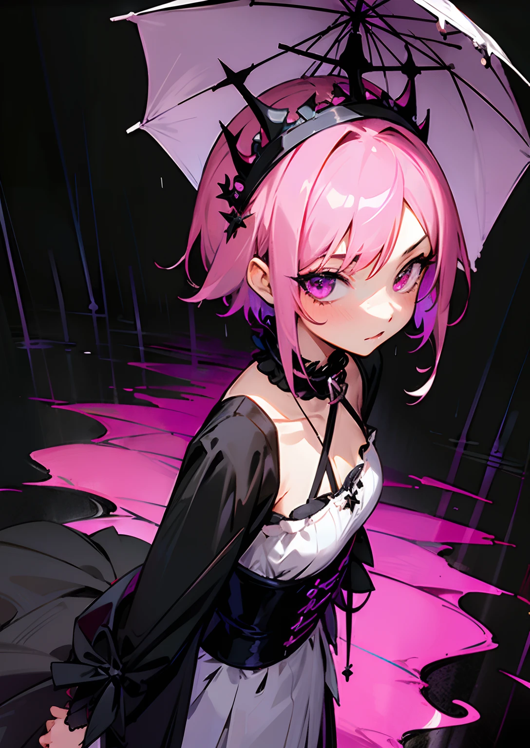 ((masterpiece,best quality))1girl, solo, heterocromia,pink hair,short hair, walking on rain, Goth, Darkgoth, Collar,Crown tiara,pride, night, looking at viewer