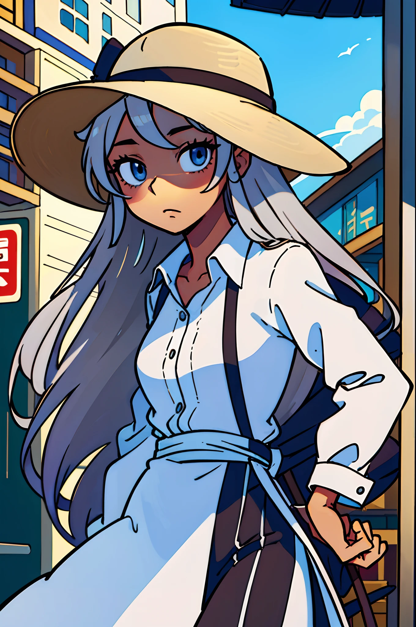 (top-quality:0.8)、(top-quality:0.8)、perfect anime illustration、Close up portrait of beautiful woman walking in city、Brown-skinned、Silvery hair、a straw fedora hat、lightly dressed、It's like the sun