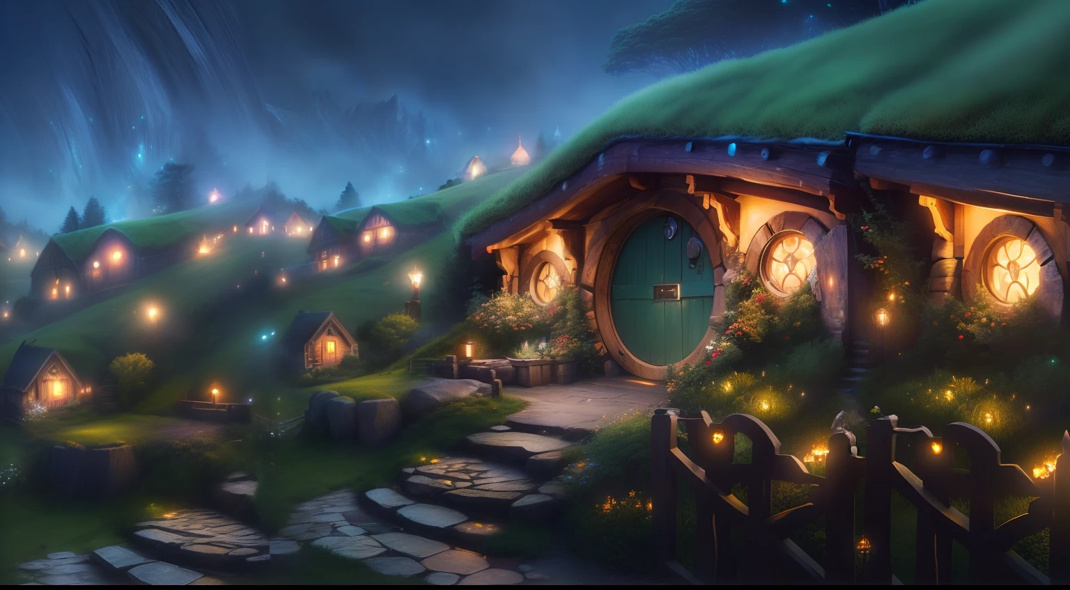 there is a painting of a hobbitt house with a lot of lights on it, hobbiton at night, the shire, realistic fantasy render, fantasy matte painting，cute, fantasy atmospheric lighting, 4k highly detailed digital art, amazing wallpaper, ultra realistic concept art, beautiful serene hobbiton, highly realistic concept art, the hobbit art, hobbit hole