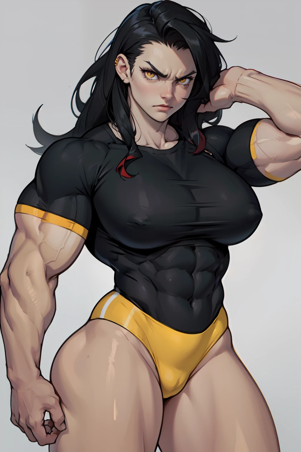 ((1girl)) pale skin large breasts (muscular) toned body thick thighs black hair yellow eyes (long hair grey background) bodybuilder angry tight shirt