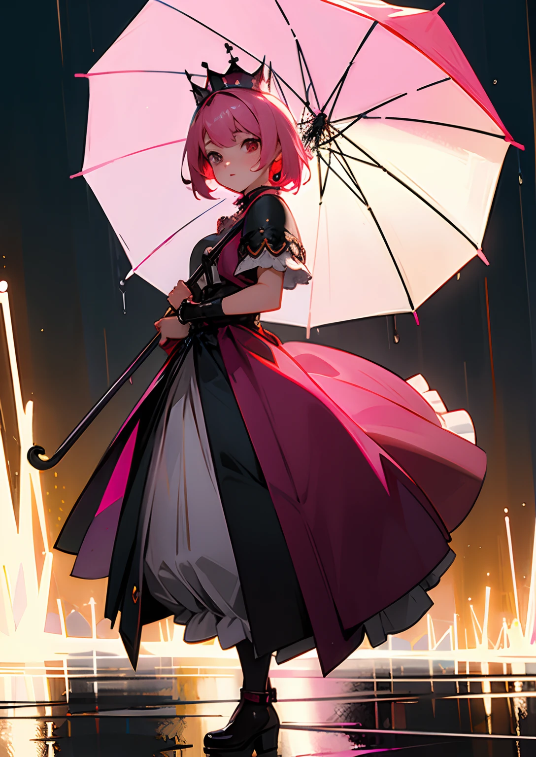 ((masterpiece,best quality))1girl, solo, heterocromia,pink hair,short hair, walking on rain, Collar,Crown tiara,pride, night, leather clothes, looking at viewer