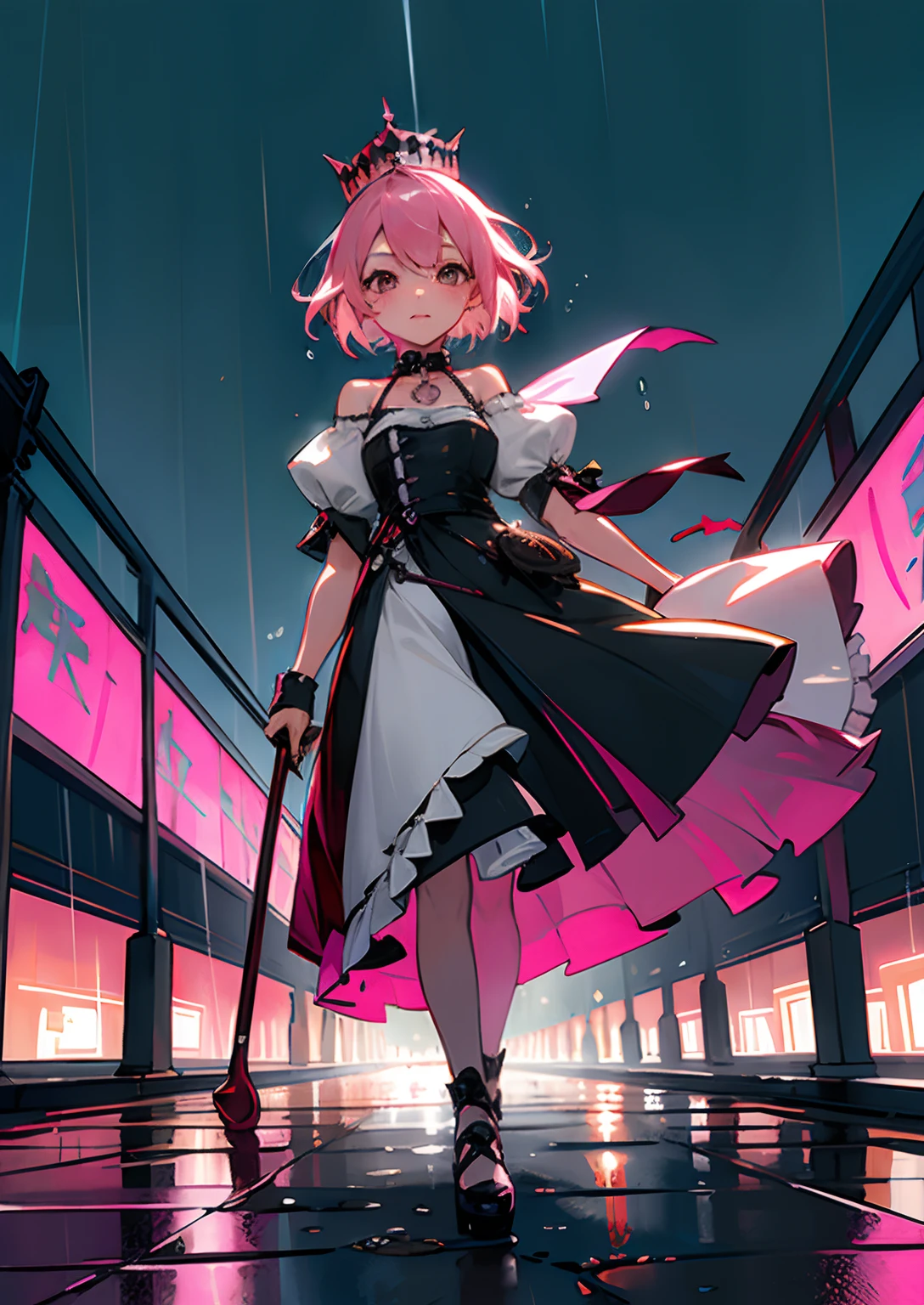 ((masterpiece,best quality))1girl, solo, heterocromia,pink hair,short hair, walking on rain, Collar,Crown tiara,pride, night, leather clothes, looking at viewer