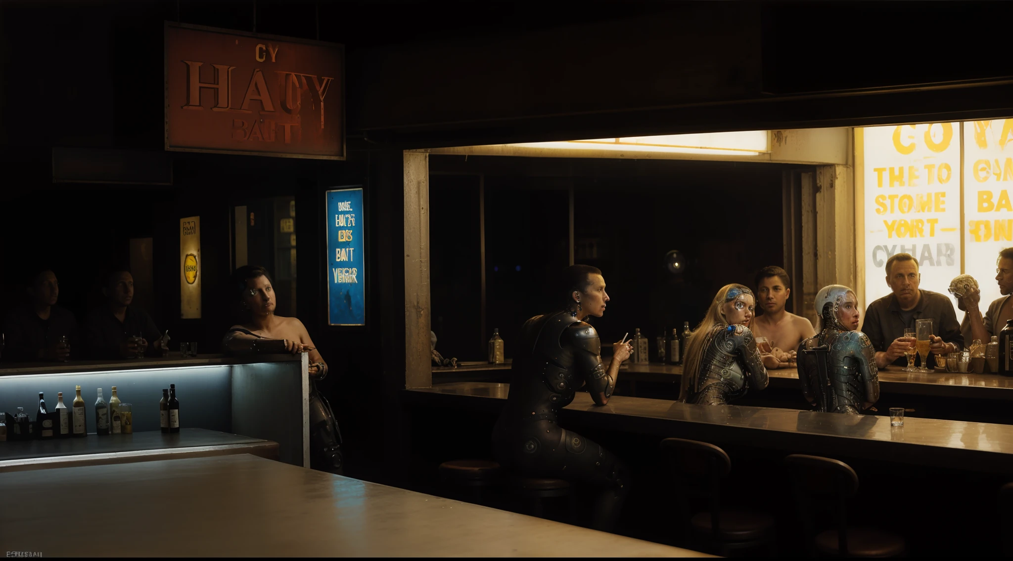 a painting of a group of (cyborgs:1.5) sitting at a bar, nighthawks, by Richard Estes, by Morris Kestelman, ed hopper, inspired by Richard Estes. Vivid colours, masterpiece. Rundown futuristic, rusty world, garbage, dirty. Fine details