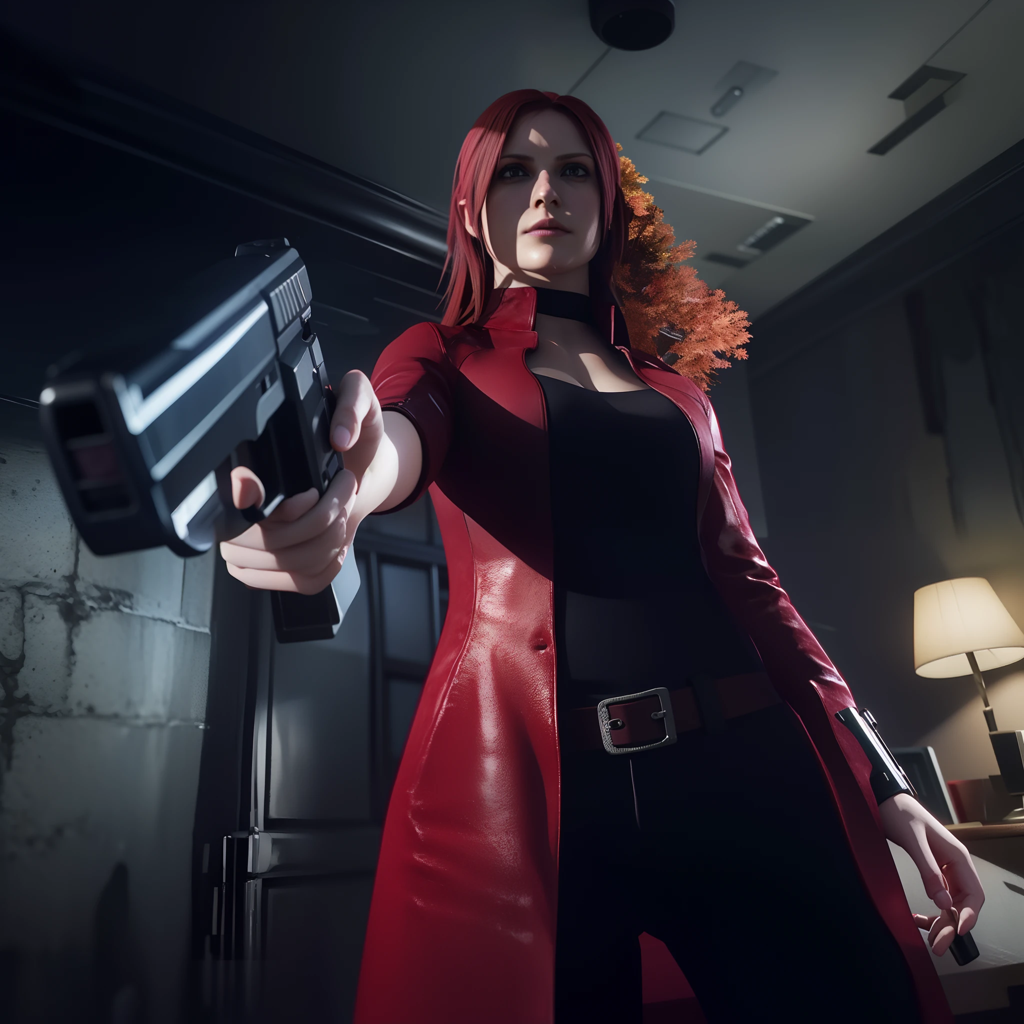 4K, HD, ((Claire Redfield 40 years old)), beautiful face, looking at viewer, very long red hair, perfect Face, black jeans, red long coat with black t-shirt, red nail polish, friendly face, Glare, holding a gun