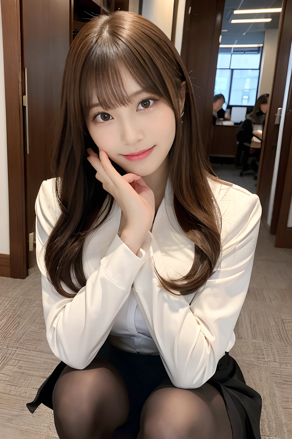 cute smile、One Girl, alone, pantyhose, black short hair、, squat, Brown eyes, skirt, View your viewers, Pencil skirt,, ((the jacket is red)), office, shirt, bangs, blush, White shirt, black skirt, Hair between the eyes, Long sleeve, put your hand on your face, Lips parted, pantyhose, suit, Large Breasts, Cleavage, formal, smile, Black pantyhose, Open your mouth, Put your hand on your cheek, Beautiful girl ,In 8K, 超A high resolution,RAW Photos, (Tabletop:1.2), (highest quality:1.2), Realistic, Photorealistic, Sharp focus,Professional、Nogizaka Idol、Korean Idol、Gravure idol pose、、32 years old、expensive, Glamour、side、