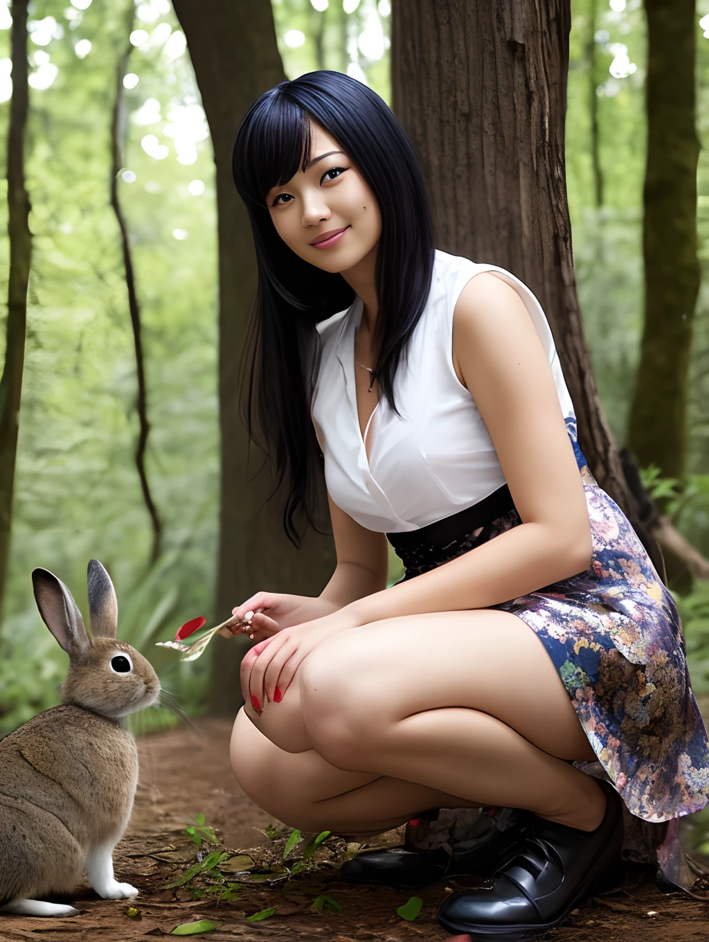 black haired goddess in woods Embracing a rabbit