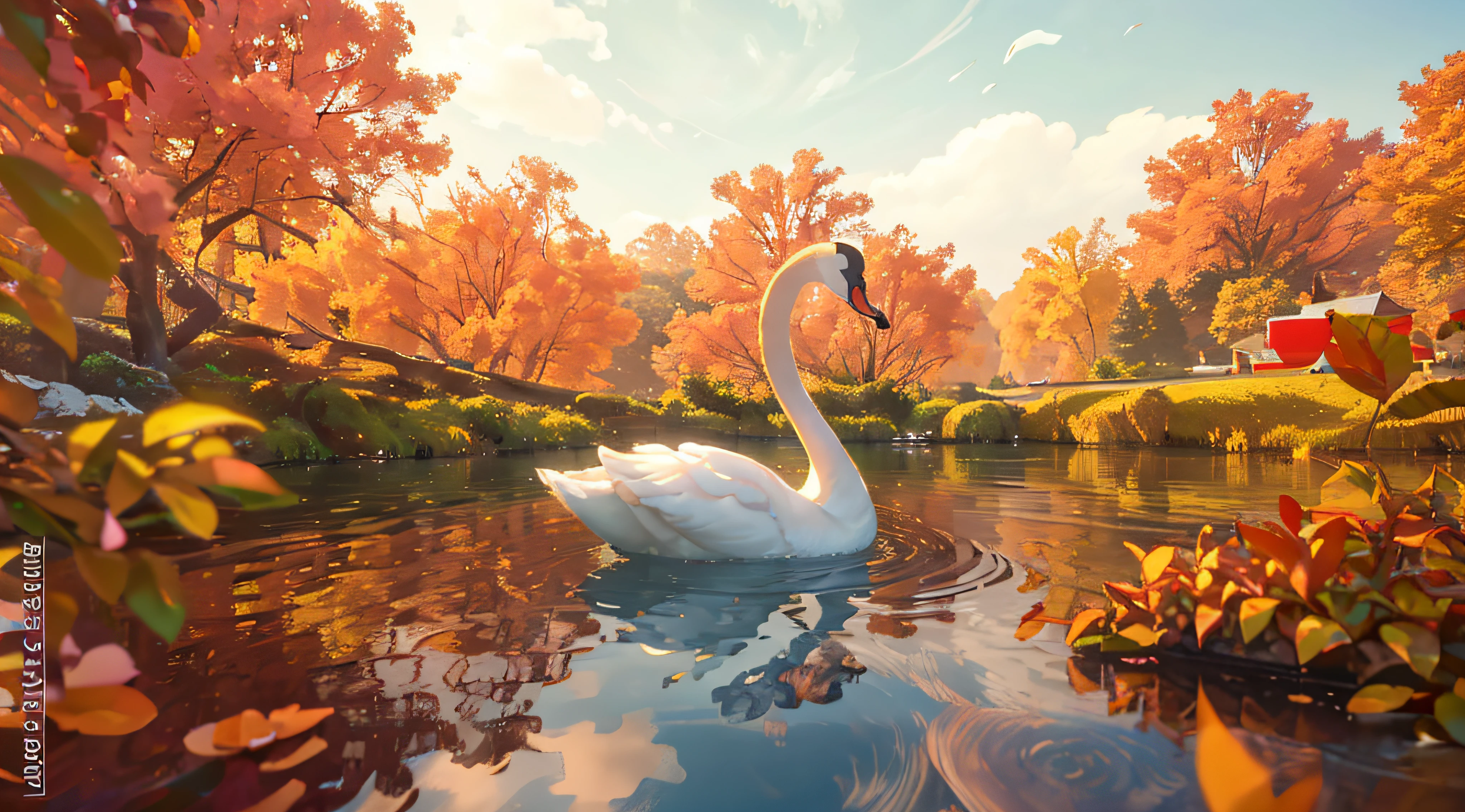 there is a swan that is floating in the water with leaves, swan, two swans swimming on the lake, beautiful render of a fairytale, beautiful 3d render, beautiful digital artwork, serene illustration, beautiful digital art, warm beautiful scene, very beautiful digital art, stylized 3d render, high definition 3 d render, 3 d render stylized