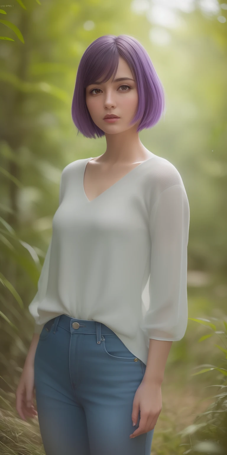 Ratte867, 1girl, sozinho, (cabelo verde da floresta:1.2), Asymmetrical haircut, (roupas violetas:1.2) master part, best quality, fotorrealista, Realistic, (Foto RAW, 8k UHD, filmic grain), caustics, Subsurface scattering
