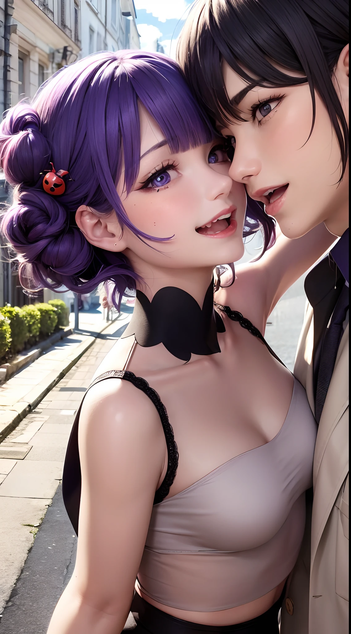 Marinette Dupain-Cheng and Adrien Agreste kiss a young woman with curly purple hair on each cheek and she laughs. Background: a French street in the sun.
Miraculous Tales of Ladybug & Cat Noir CGI --auto --s2