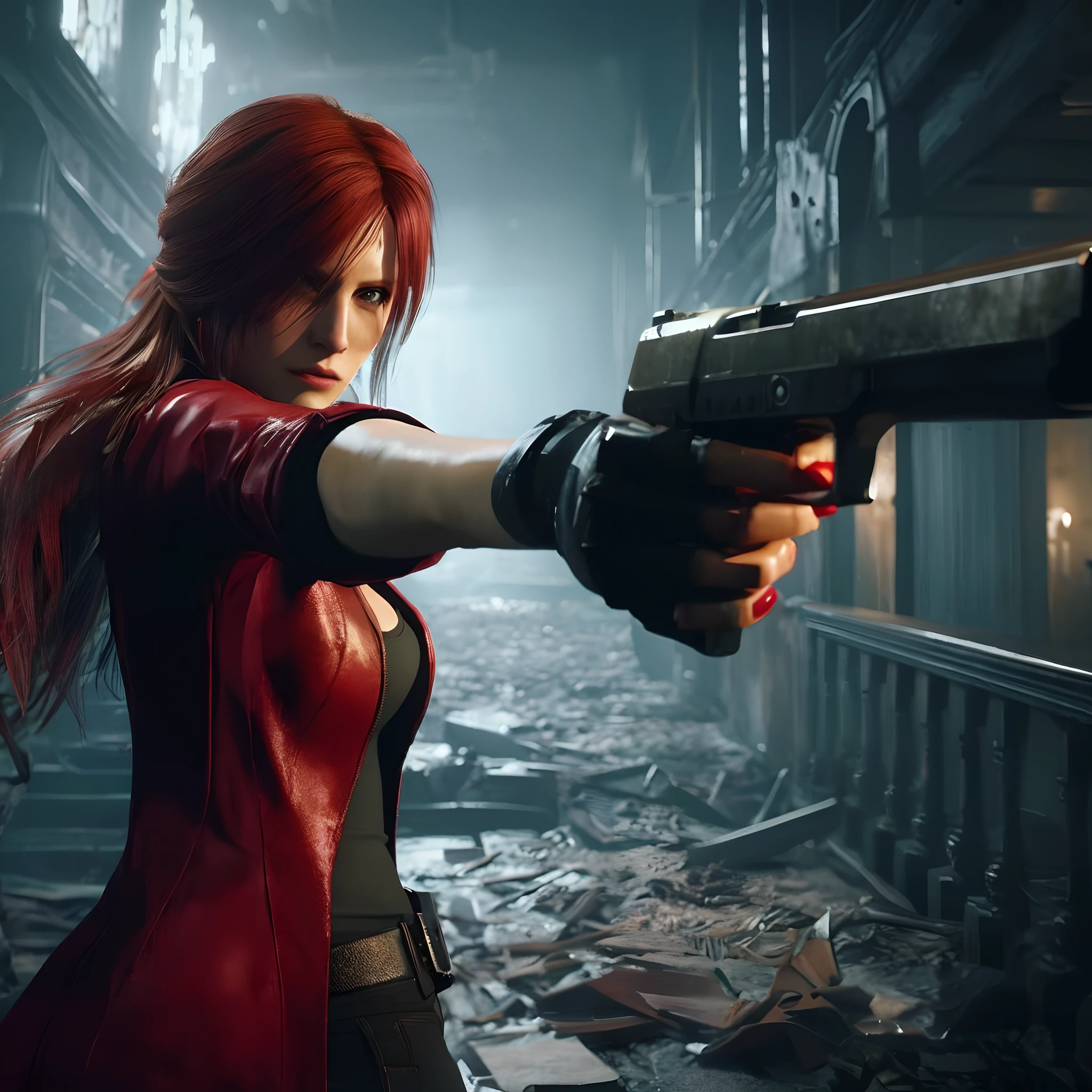 4K, HD, ((Claire Redfield 40 years old)), beautiful face, looking at viewer, very long red hair, perfect Face, black jeans, red long coat with black t-shirt, red nail polish, friendly face, Glare, holding a gun