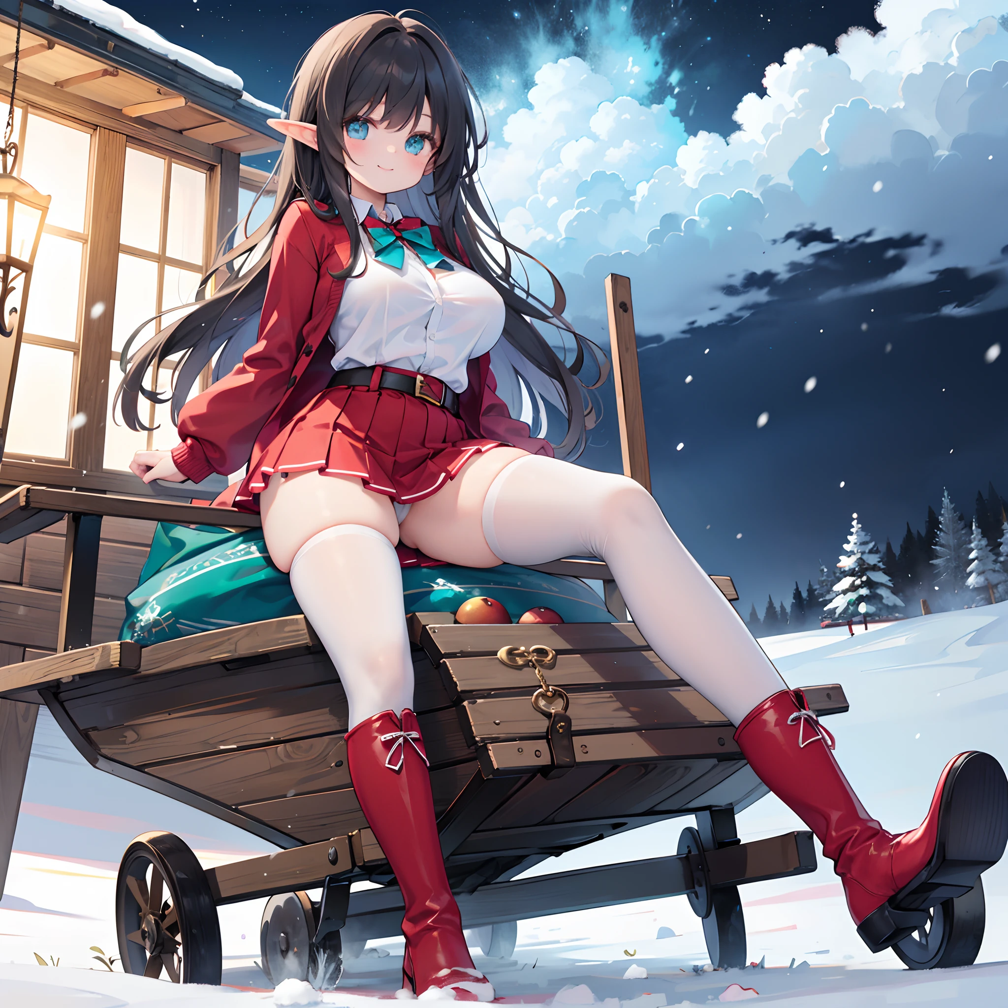 Realistic and detailed image of an elf. She is wearing a Cardigan coat and a red Christmas t-shirt. Christmas pleated mini skirt. Christmas thigh-high boots. Long silky black hair and long eyelashes. Turquoise eyes. Red bow tie. Large breasts, slim waist, very wide hips and thick thighs. Smiling. Arched back. Sensually posing on a sled. Snowy day. North Pole. Front view. Volumetric light. Ambient light.