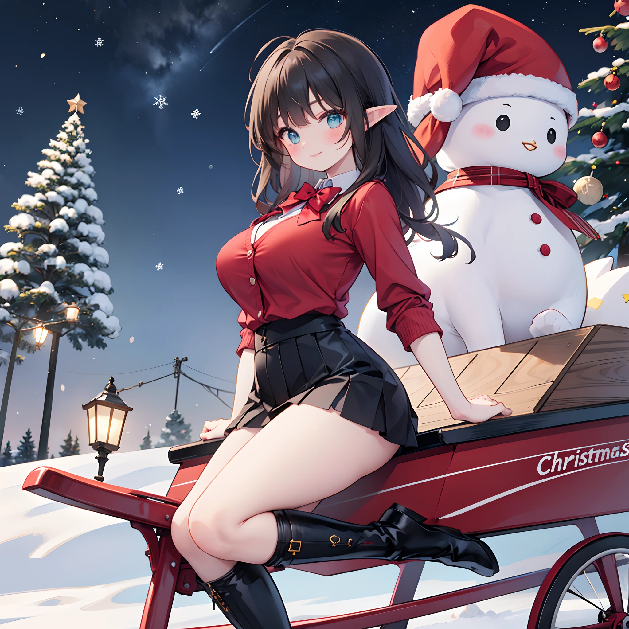 Realistic and detailed image of an elf. She is wearing a Cardigan coat and a red Christmas t-shirt. Christmas pleated mini skirt. Christmas thigh-high boots. Long silky black hair and long eyelashes. Turquoise eyes. Red bow tie. Large breasts, slim waist, very wide hips and thick thighs. Smiling. Arched back. Sensually posing on a sled. Snowy day. North Pole. Front view. Volumetric light. Ambient light.