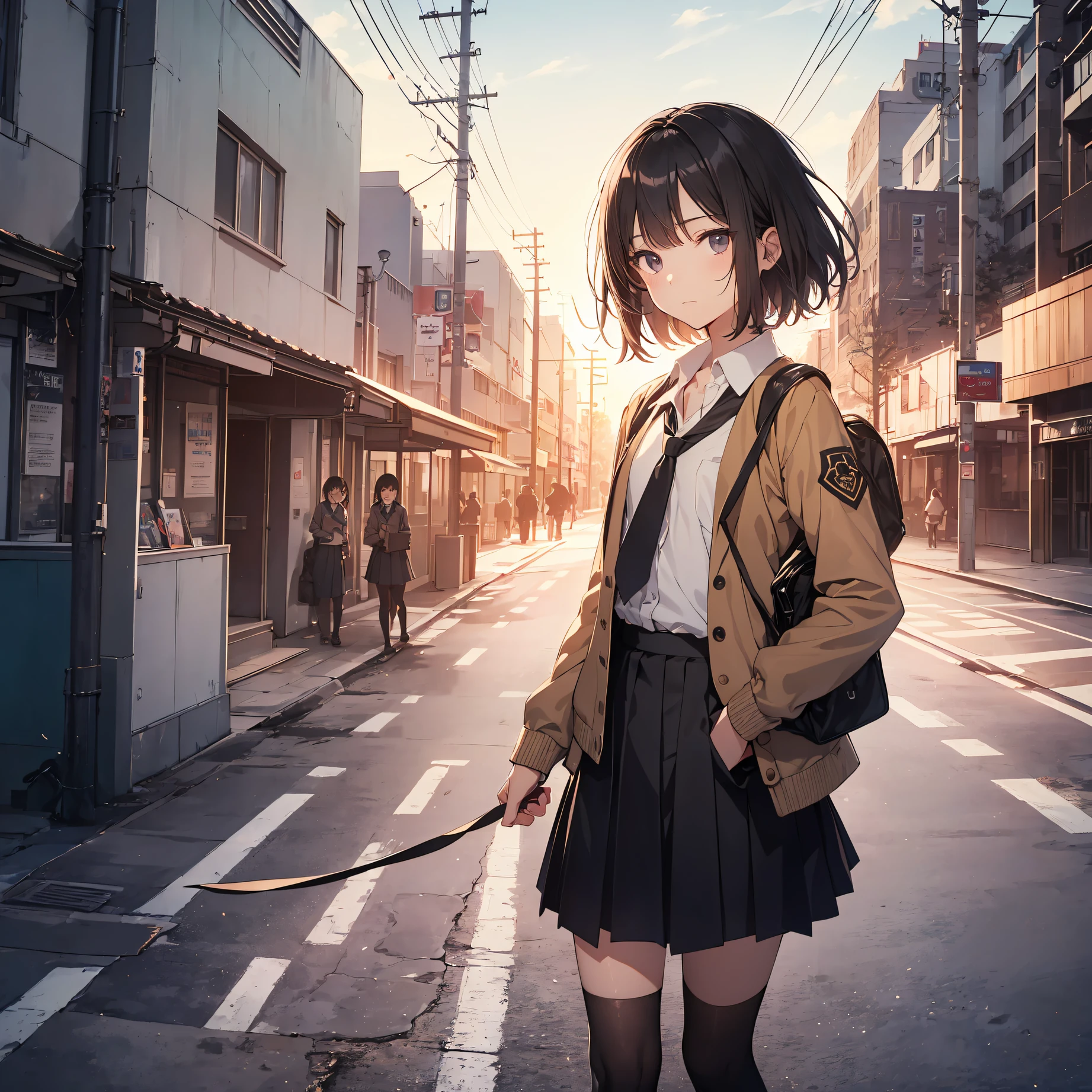 Portrait, Documentary, Photo, A girl is 13-year-old gender-neutral middle school student with short black hair and small chest, walking on the school commute route with a tired expression, Short hair, School uniform, skirt, School commute route, High quality, Realistic, Eye-level shot, Medium shot, Front view, Natural lighting, School commute,break,1girl, (Solo,Loli face,13-year-old:1.5),a junior high school student, androgynous charm, (Very Short hair), flat chest, Small butt, Beautiful detailed black eyes, disgusted eye,break,((top quality,anime style, ultra-detailed,high resolution,extremely detailed CG,unity 8k wallpaper,by famous artist,perfect ???????,super detailed skin,cinematic lighting)),