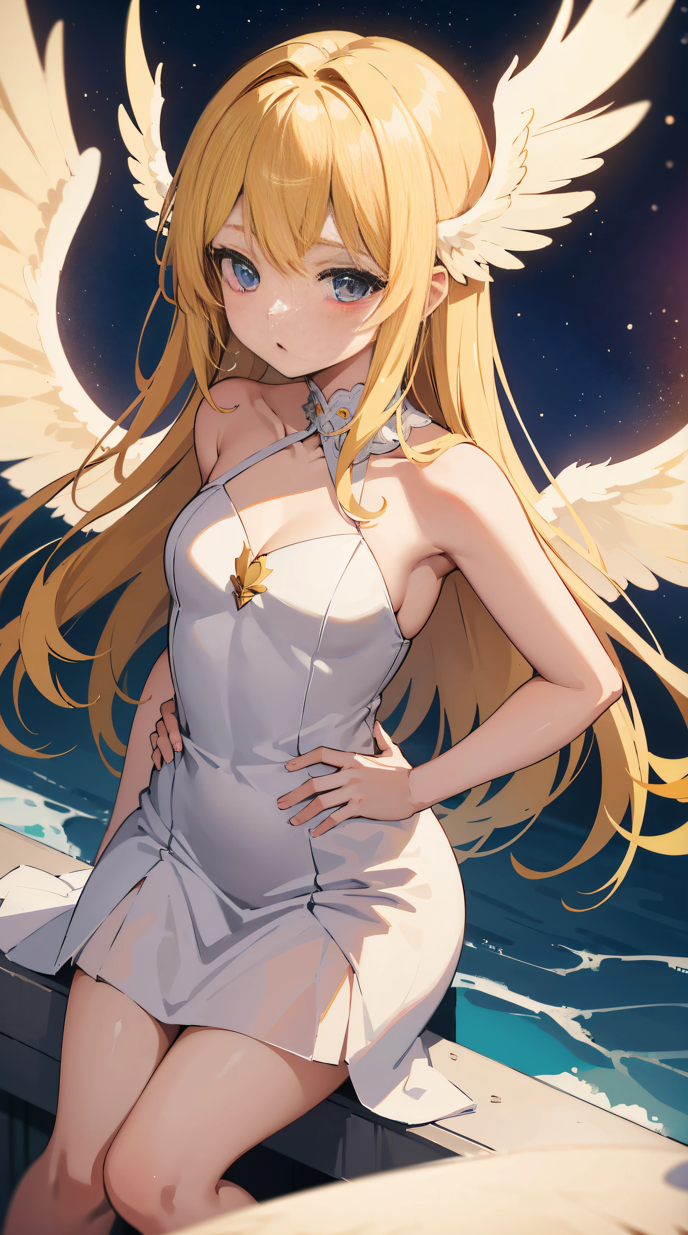a woman in a bikini top and angel wings is sitting on a table, anime goddess, beautiful alluring anime woman, seductive anime girl, beautiful anime girl, beautiful anime woman, extremely detailed artgerm, blonde anime girl with long hair, detailed digital anime art, beautiful angel, of an beautiful angel girl, of beautiful angel, cute anime waifu in a nice dress