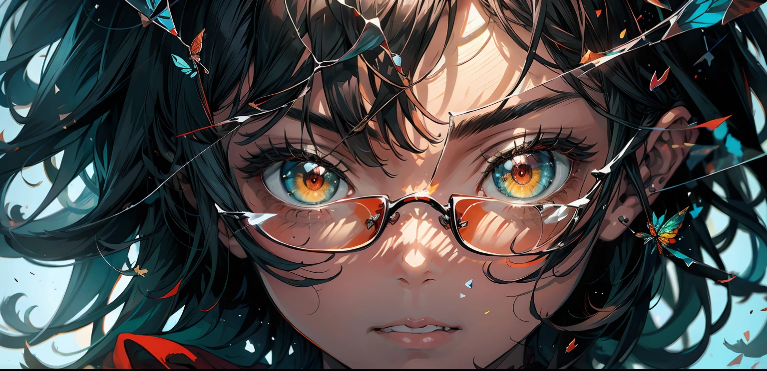 masterpiece, concept art, a girl with long black hair wearing glasses and a red scarf, cyberpunk art, red eyes, by Pu Hua, pixiv contest winner, fantasy art, photo of a mechanical butterfly, piercing clear eyes, crystalized, anime nature, queen in a glass prison, protagonist, red blue theme, resin, angry expression, moth