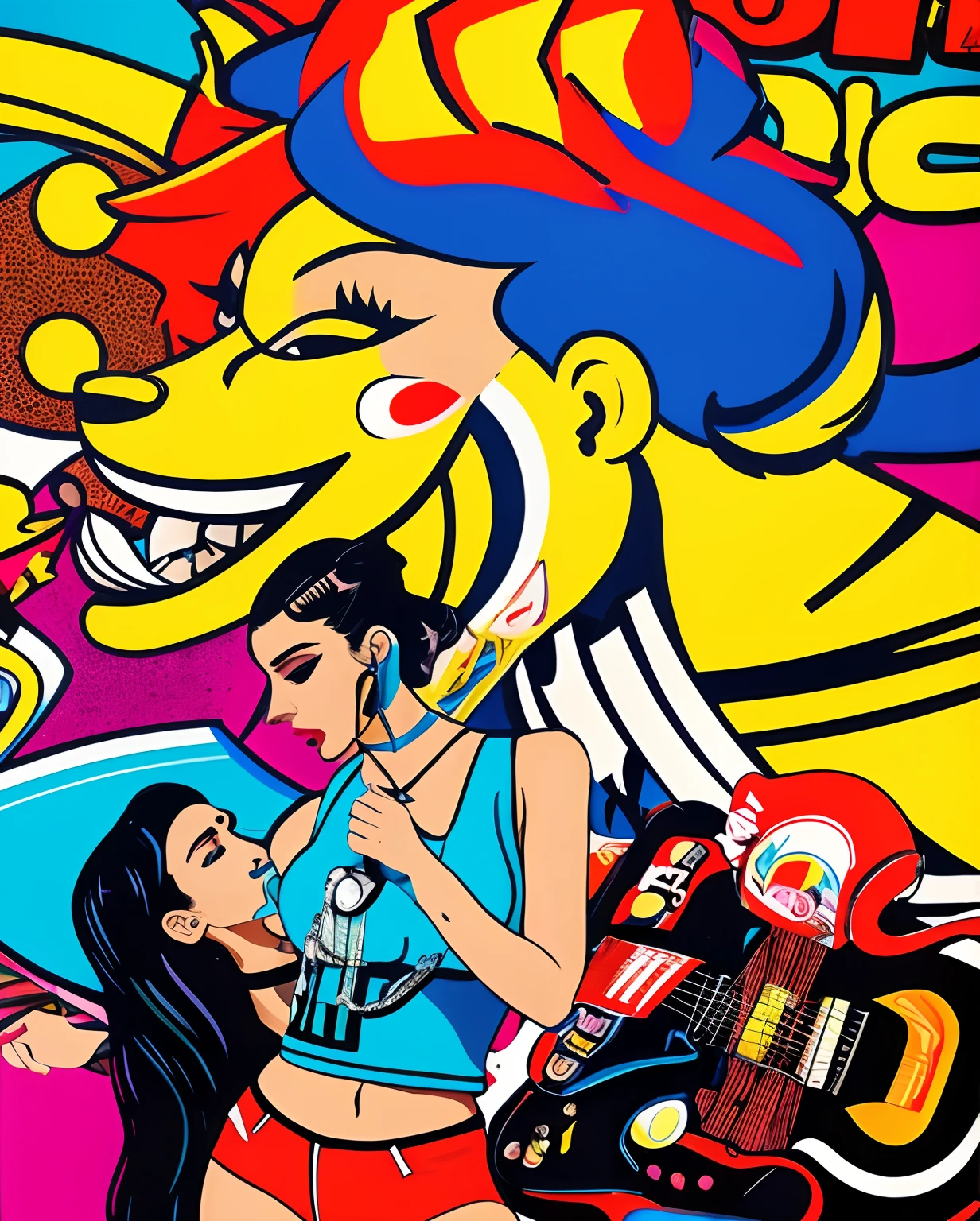 there is a woman, Dua Lipa , posing in front of a poster with a monkey on it, frank kozik, with neon lights, angry high moral sexy werewolf, by Ignacio Zuloaga, burlesque psychobilly, sexy look, bold rave outfit, neon noir, maniac look, inspired by Tadanori Yokoo, alex yanes, by Matteo Pérez. Captured from behind